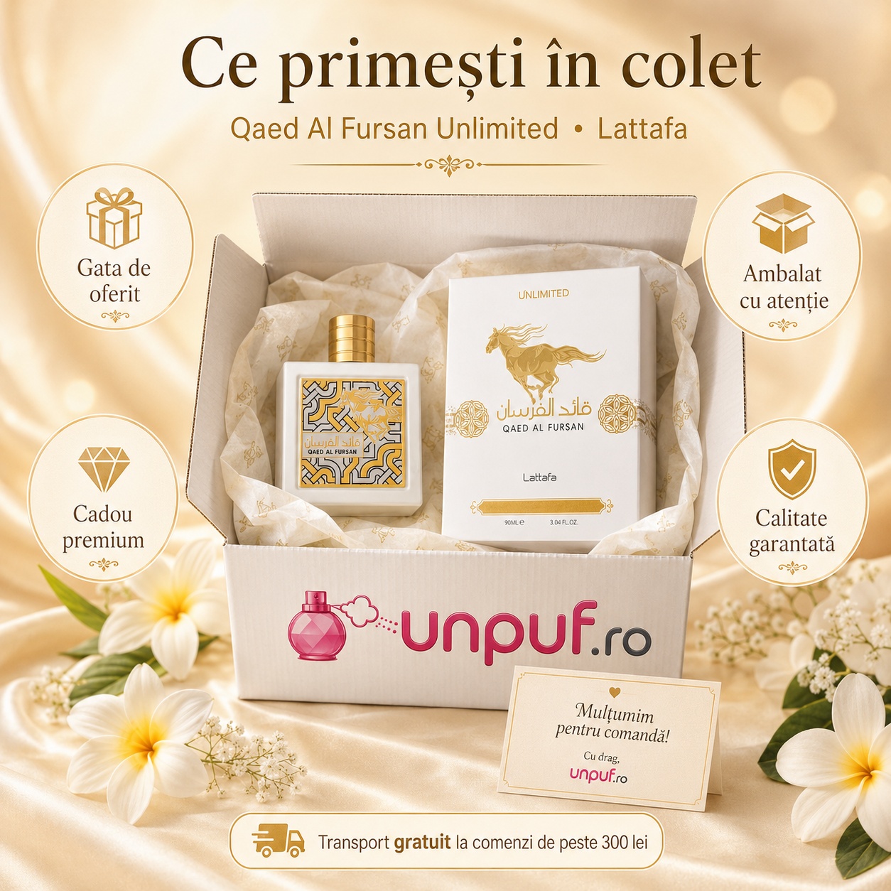Ce primești &icirc;n colet Qaed Al Fursan Unlimited Lattafa 90 ml parfum unisex ambalat cu atenție cadou premium