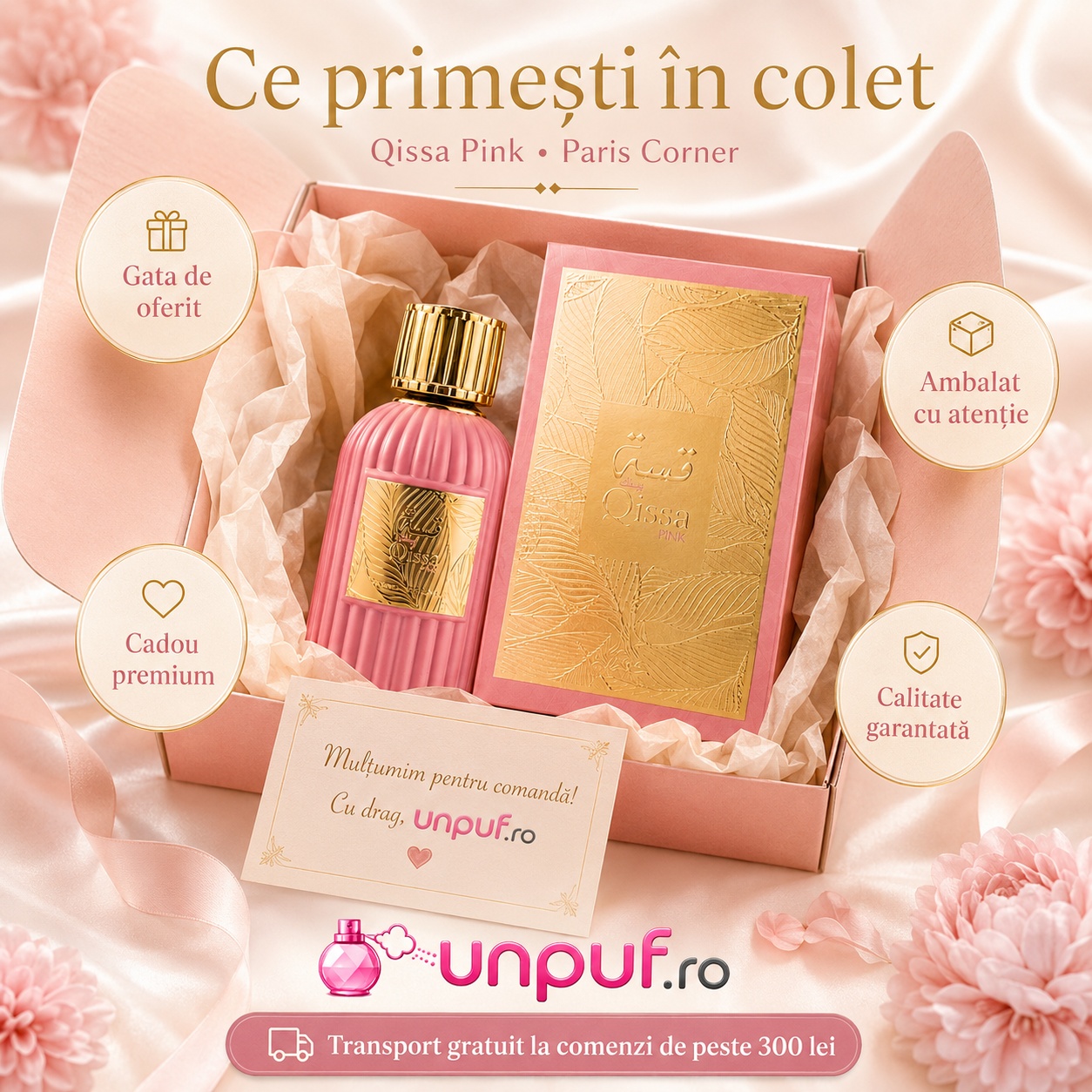 Ce primești &icirc;n colet Parfum Qissa Pink Paris Corner 100 ml ambalat cu atenție gata de oferit cadou
