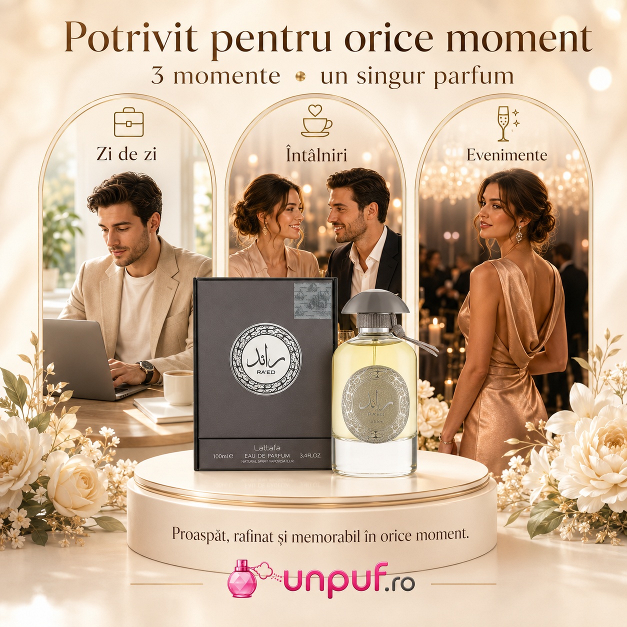 Parfum Ra'Ed Lattafa potrivit pentru zi de zi la birou, &icirc;nt&acirc;lniri și evenimente elegante