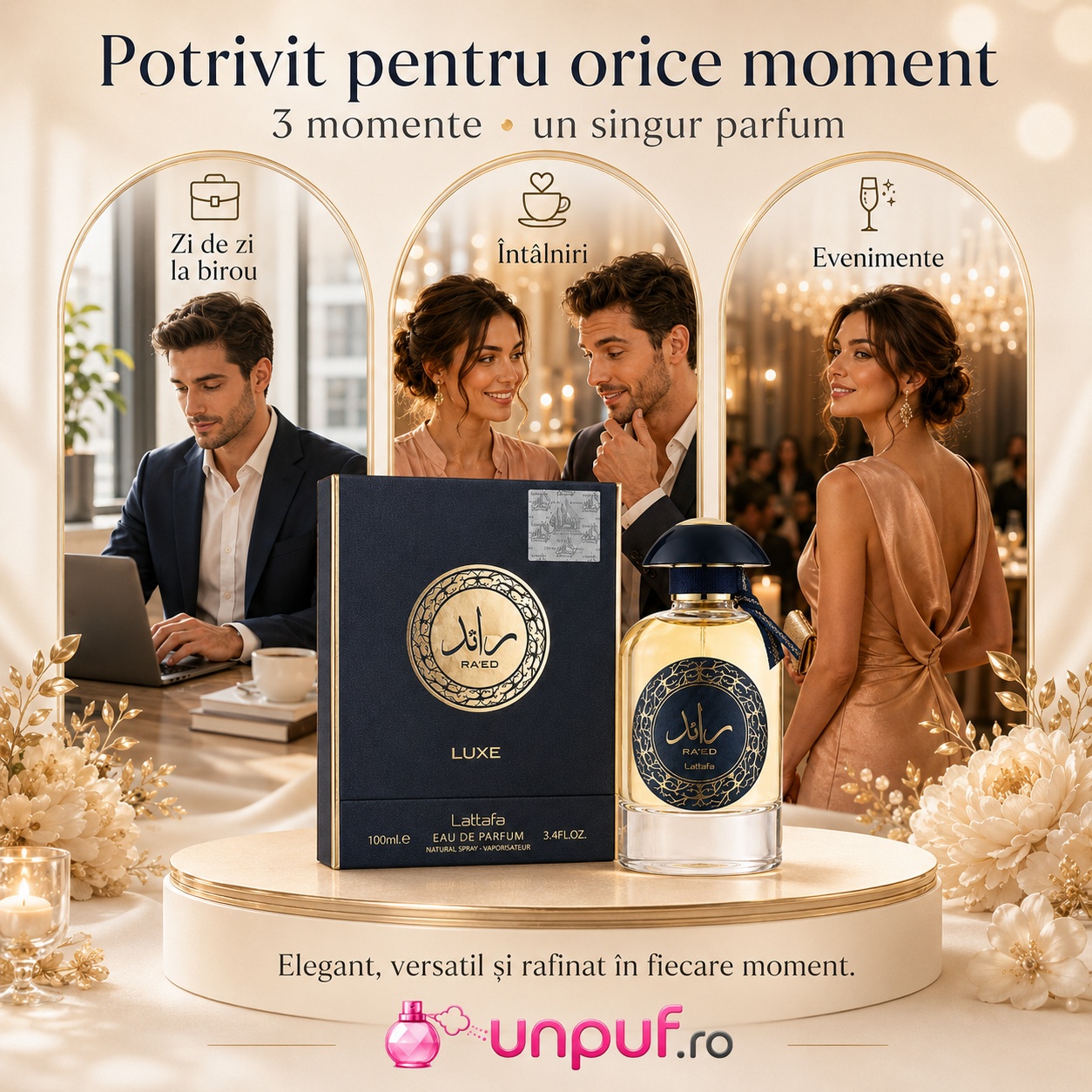 Parfum Ra&rsquo;Ed Luxe Gold Lattafa potrivit pentru zi de zi la birou, &icirc;nt&acirc;lniri și seară