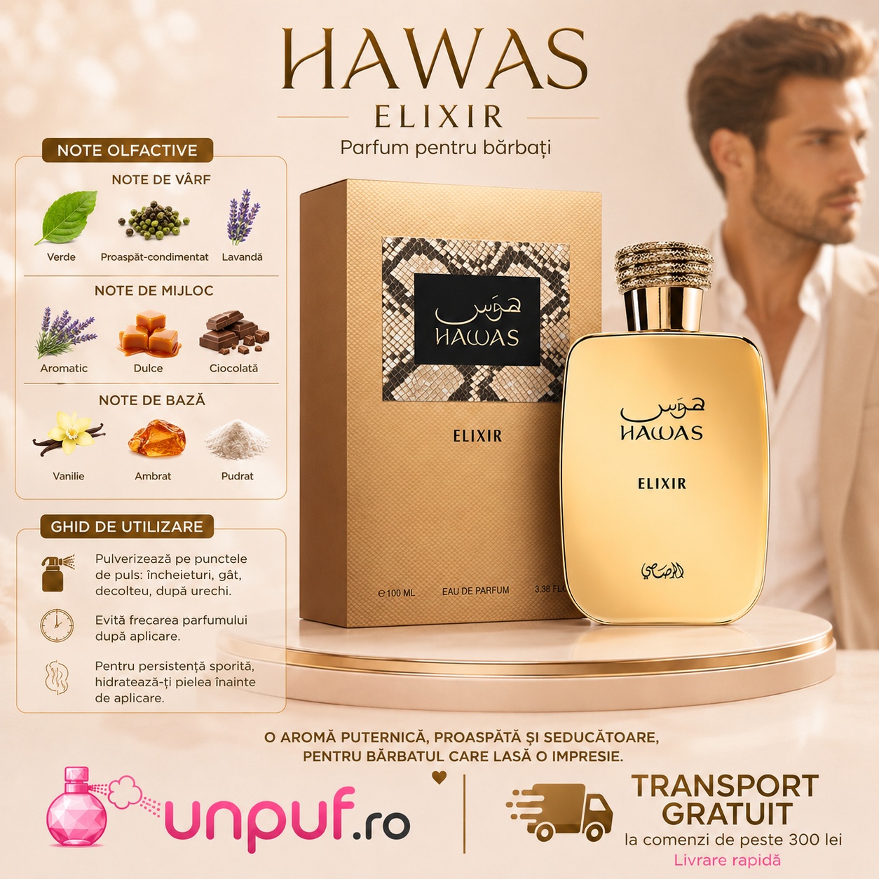 Note olfactive Rasasi Hawas Elixir cu note verzi, proaspăt condimentate, lavandă, ciocolată, vanilie, ambră și pudrat