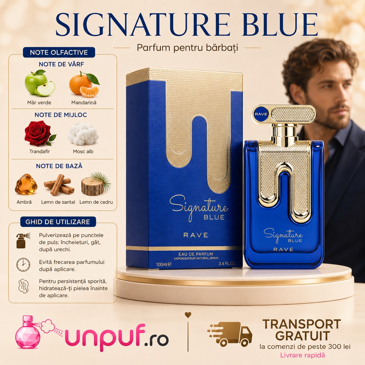 Profil olfactiv Rave Signature Blue cu note de măr verde, mandarină, trandafir, mosc alb, ambră, cedru și lemn de santal