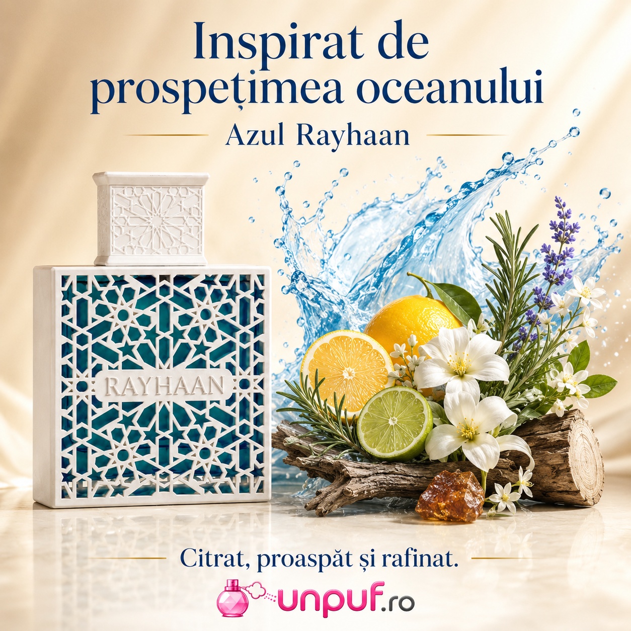 Rayhaan Azul inspirat de prospețimea oceanului, cu citrice, apă, flori albe, lemn și ambră