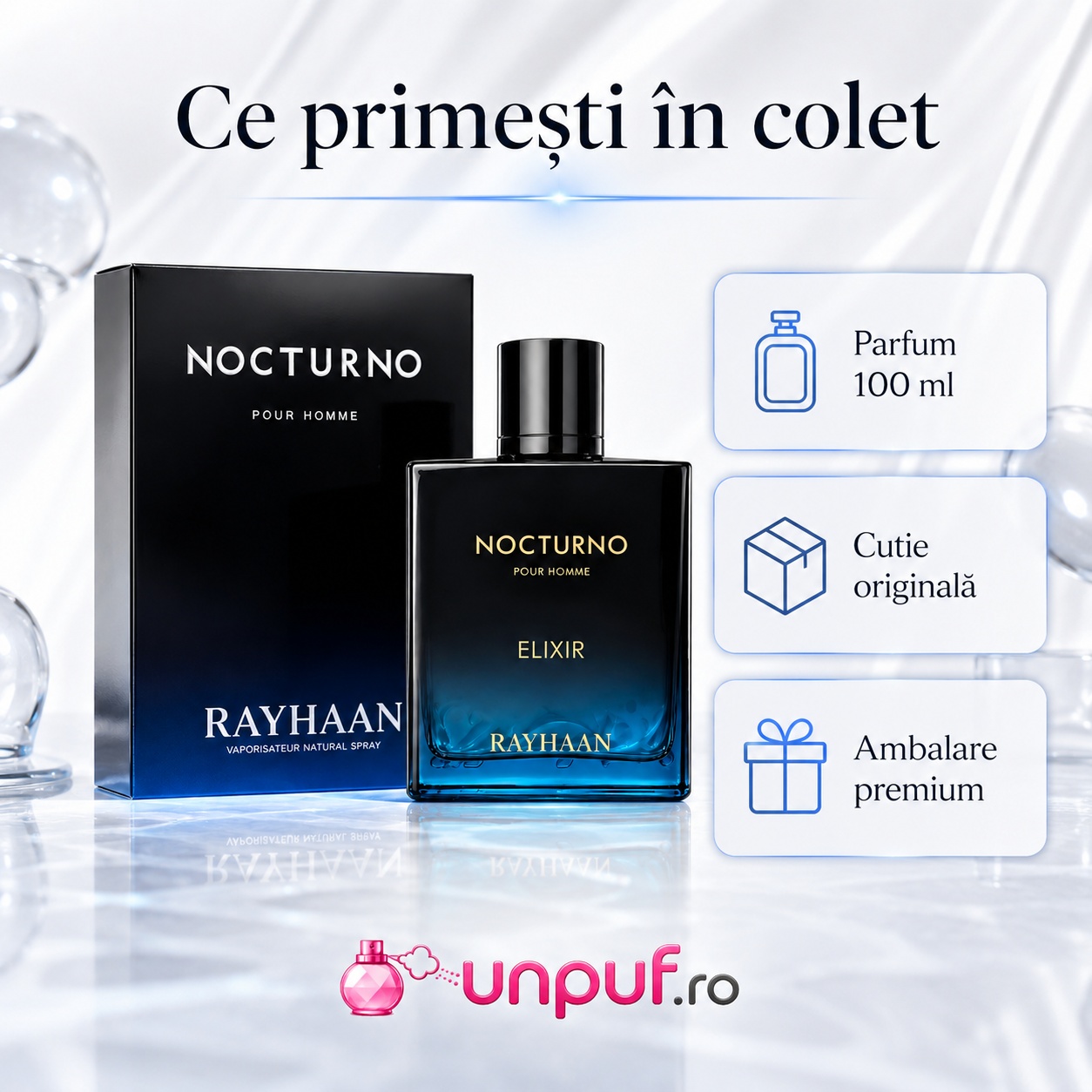 Ce primești &icirc;n colet Rayhaan Nocturno Men parfum arabesc bărbătesc 100 ml cu cutie originală și ambalare premium