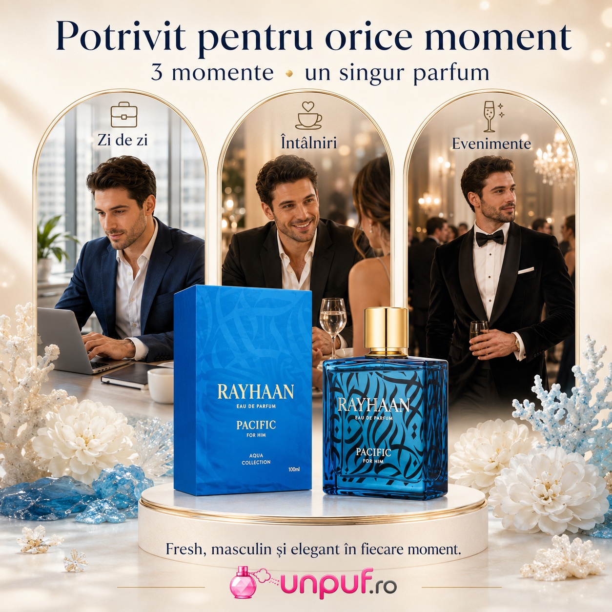Parfum Rayhaan Pacific Men potrivit pentru zi de zi, &icirc;nt&acirc;lniri și evenimente elegante