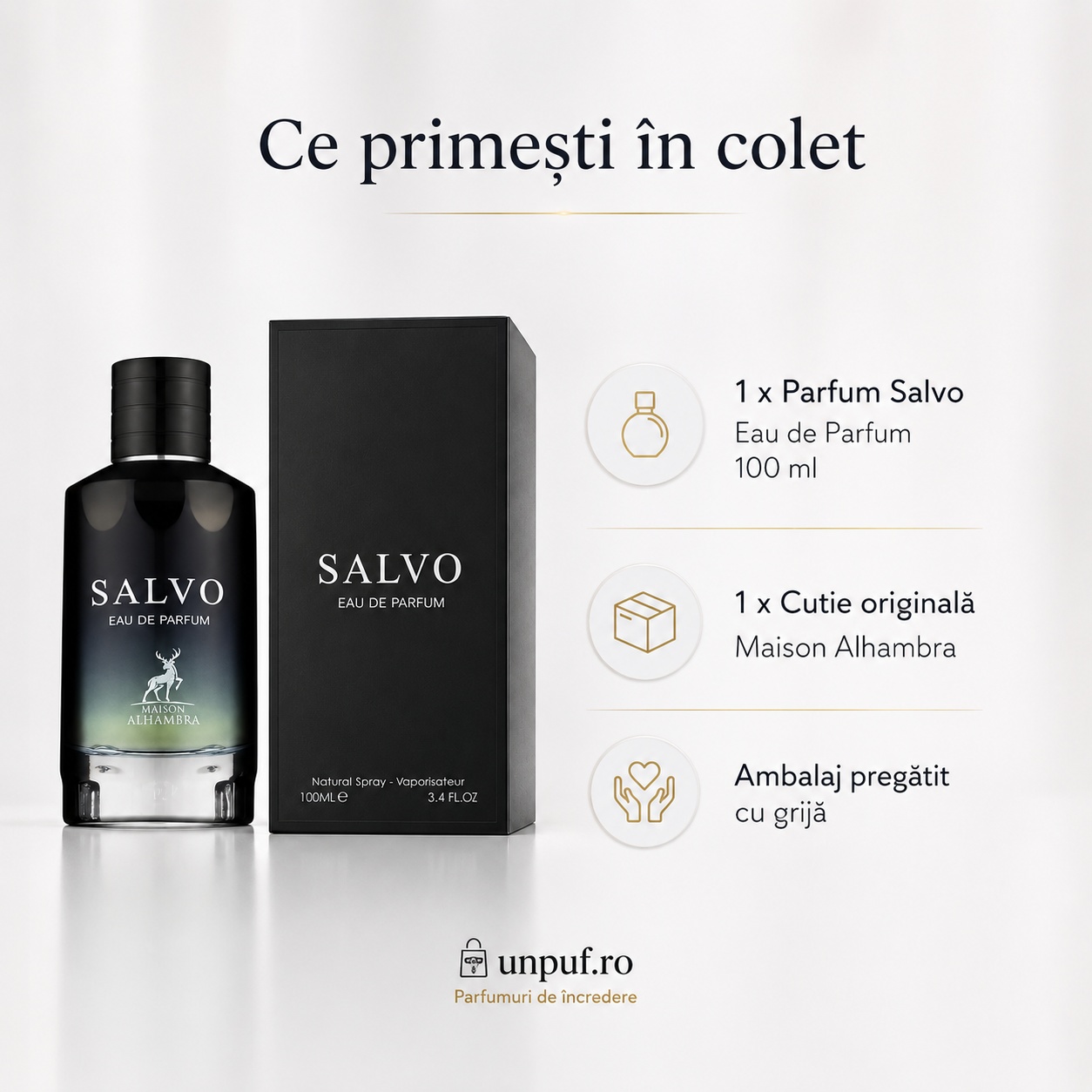 Ce primești &icirc;n colet Salvo Maison Alhambra parfum arabesc bărbătesc 100 ml cu cutie originală și ambalaj pregătit cu grijă