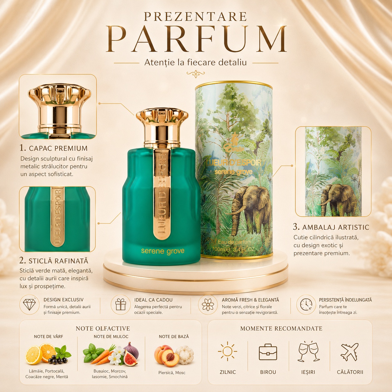 Prezentare parfum Serene Grove Lueur D&rsquo;Espoir cu note verzi florale lemnoase și momente recomandate