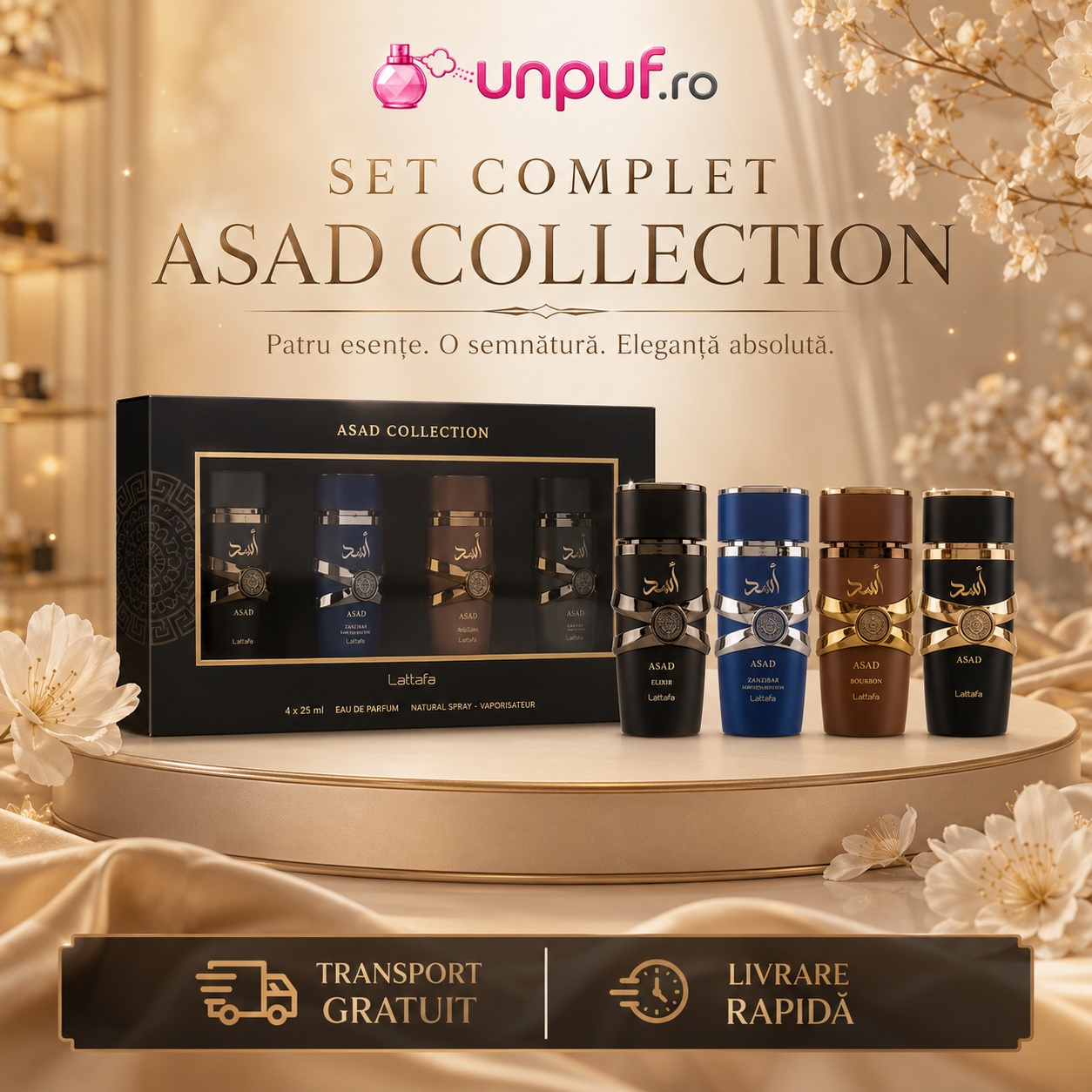 Set complet Lattafa Asad Collection, patru esențe masculine într-o prezentare premium