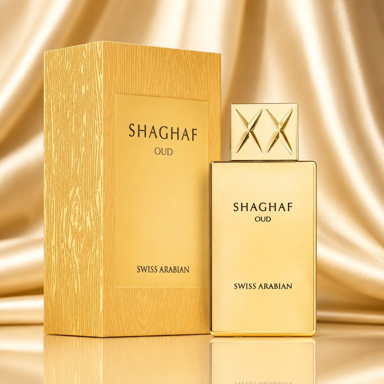 Parfum Shaghaf Oud Swiss Arabian Eau de Parfum 75ml, sticlă aurie și cutie premium