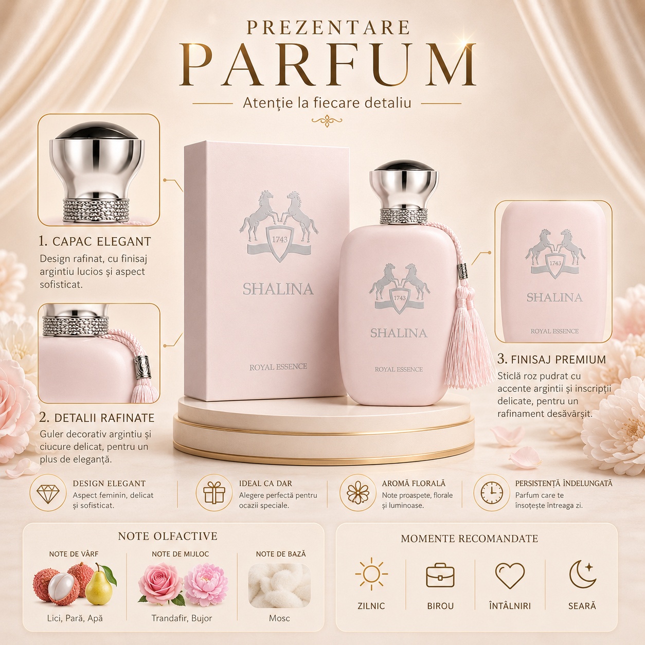 Prezentare parfum Shalina Royal Essence cu detalii despre capac, finisaj, note olfactive și momente recomandate