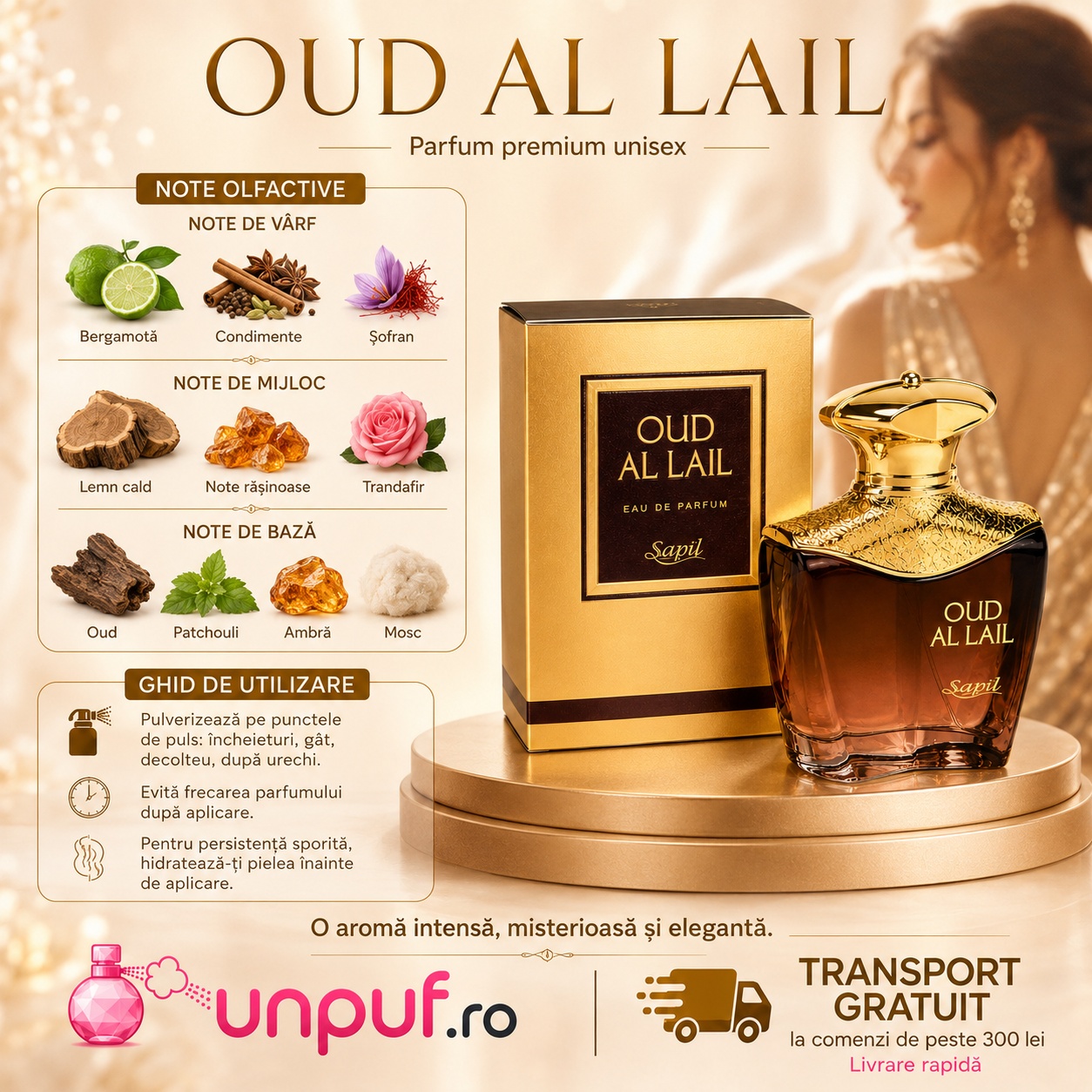 Profil olfactiv Oud Al Lail cu bergamotă, condimente, șofran, trandafir, oud, patchouli, ambră și mosc