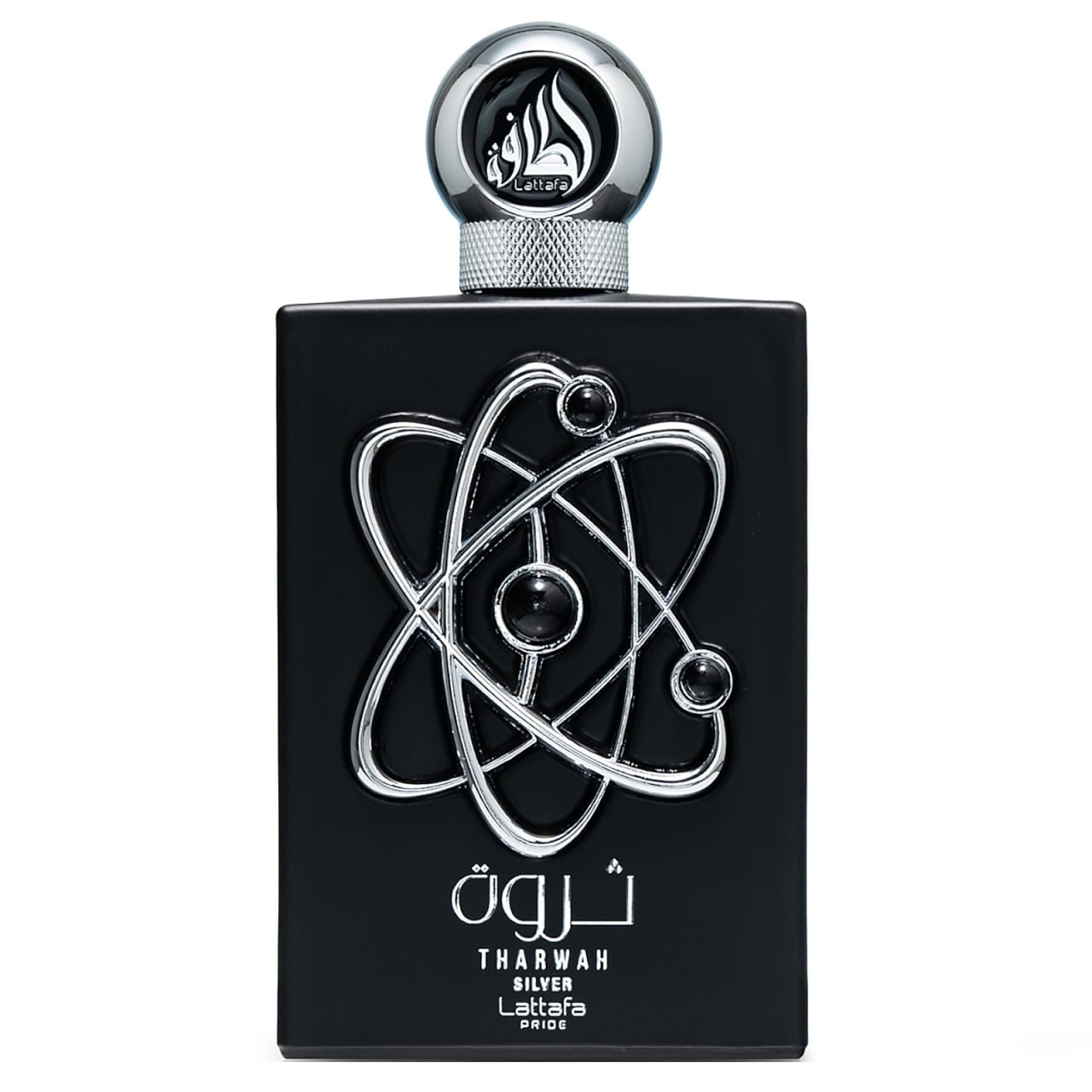 Flacon Tharwah Silver Lattafa Pride 100 ml negru mat cu detaliu atom argintiu și capac metalic