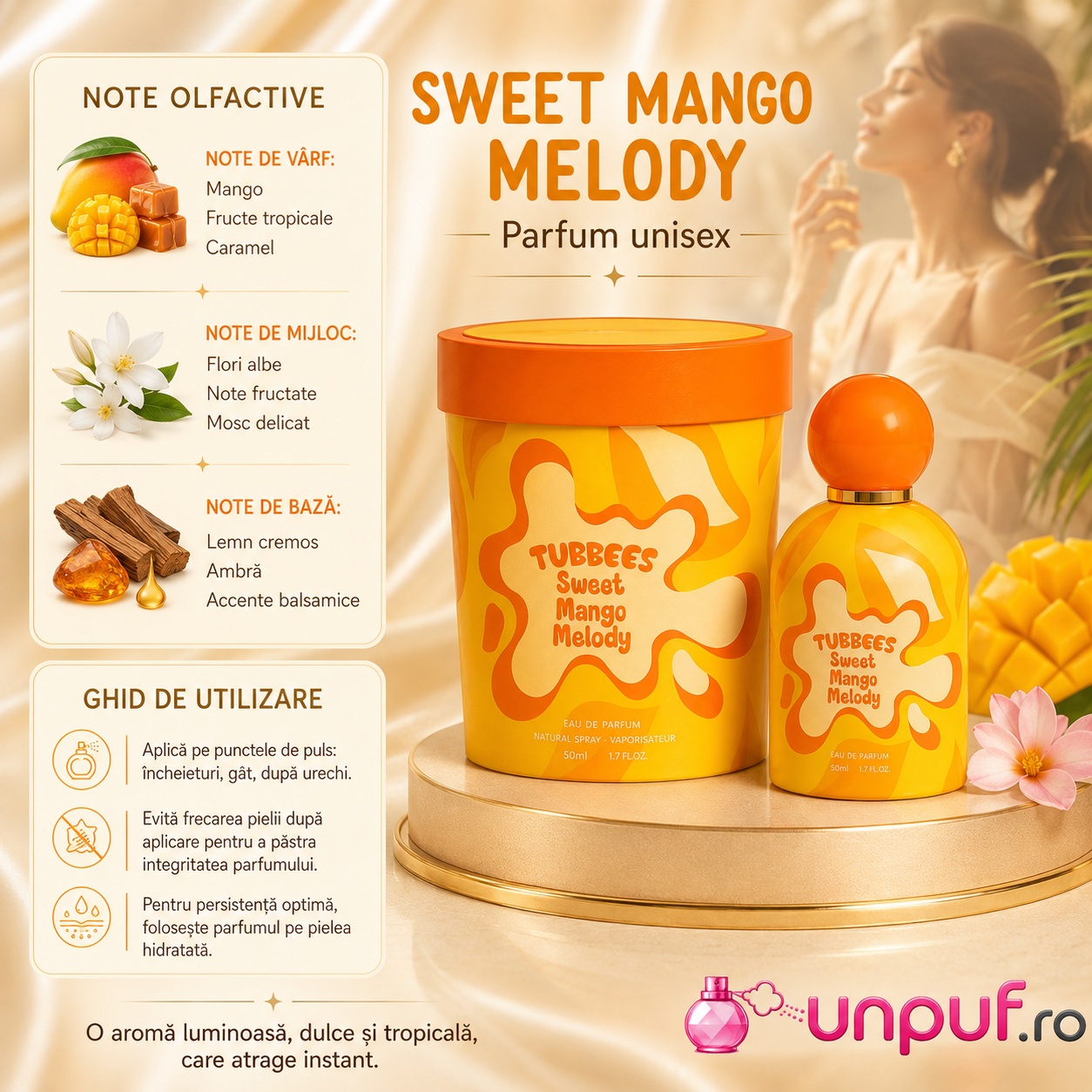 Tubbees Sweet Mango Melody parfum unisex cu note de mango fructe tropicale caramel flori albe ambră mosc și vanilie