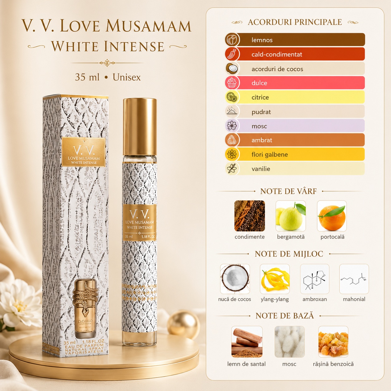 Note olfactive parfum Musamam White Intense condimente bergamotă portocală nucă de cocos ylang ylang ambroxan mahonial lemn de santal mosc rășină benzoică