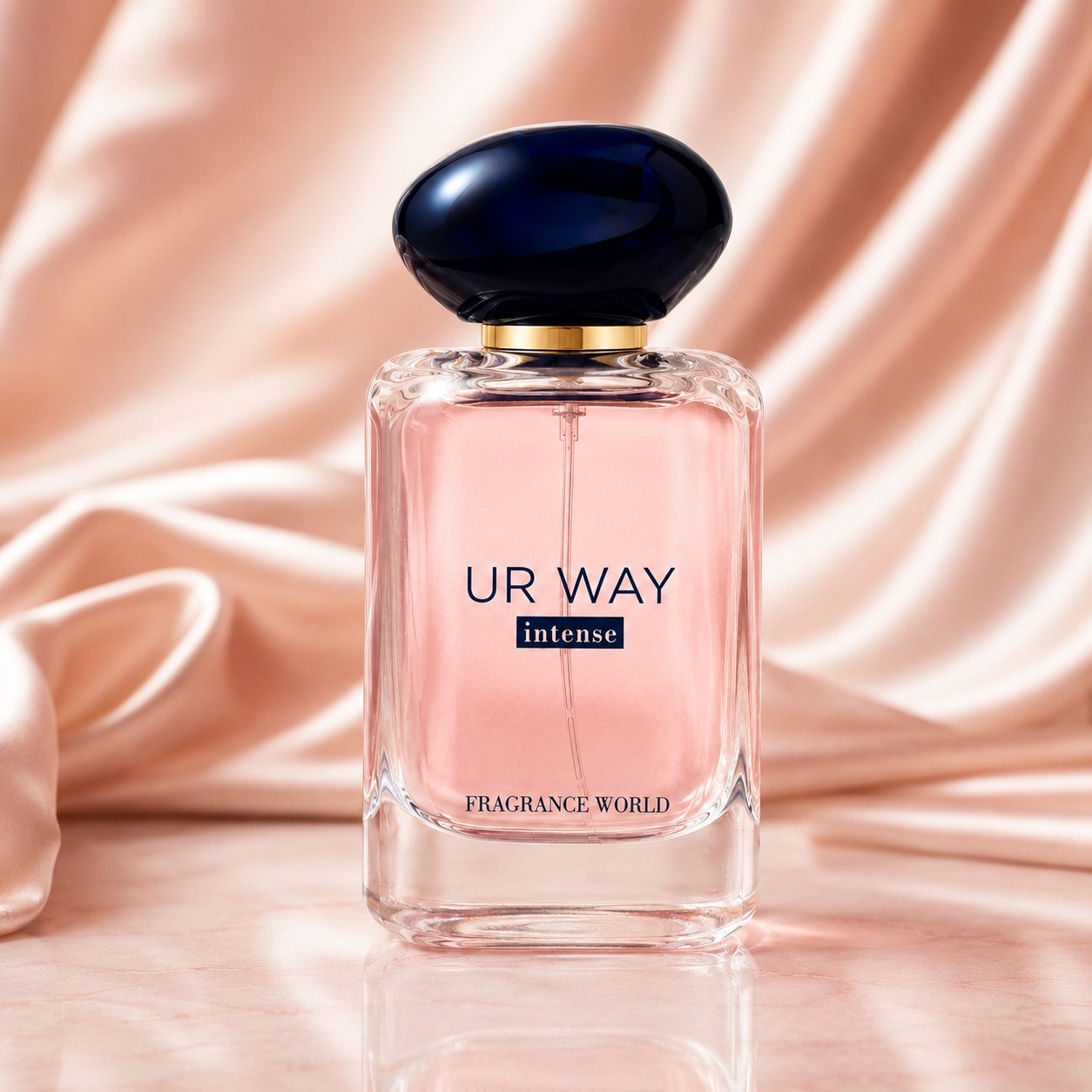 Flacon UR Way Intense Fragrance World 100 ml Apă de Parfum pentru femei cu lichid roz, capac bleumarin și detalii aurii