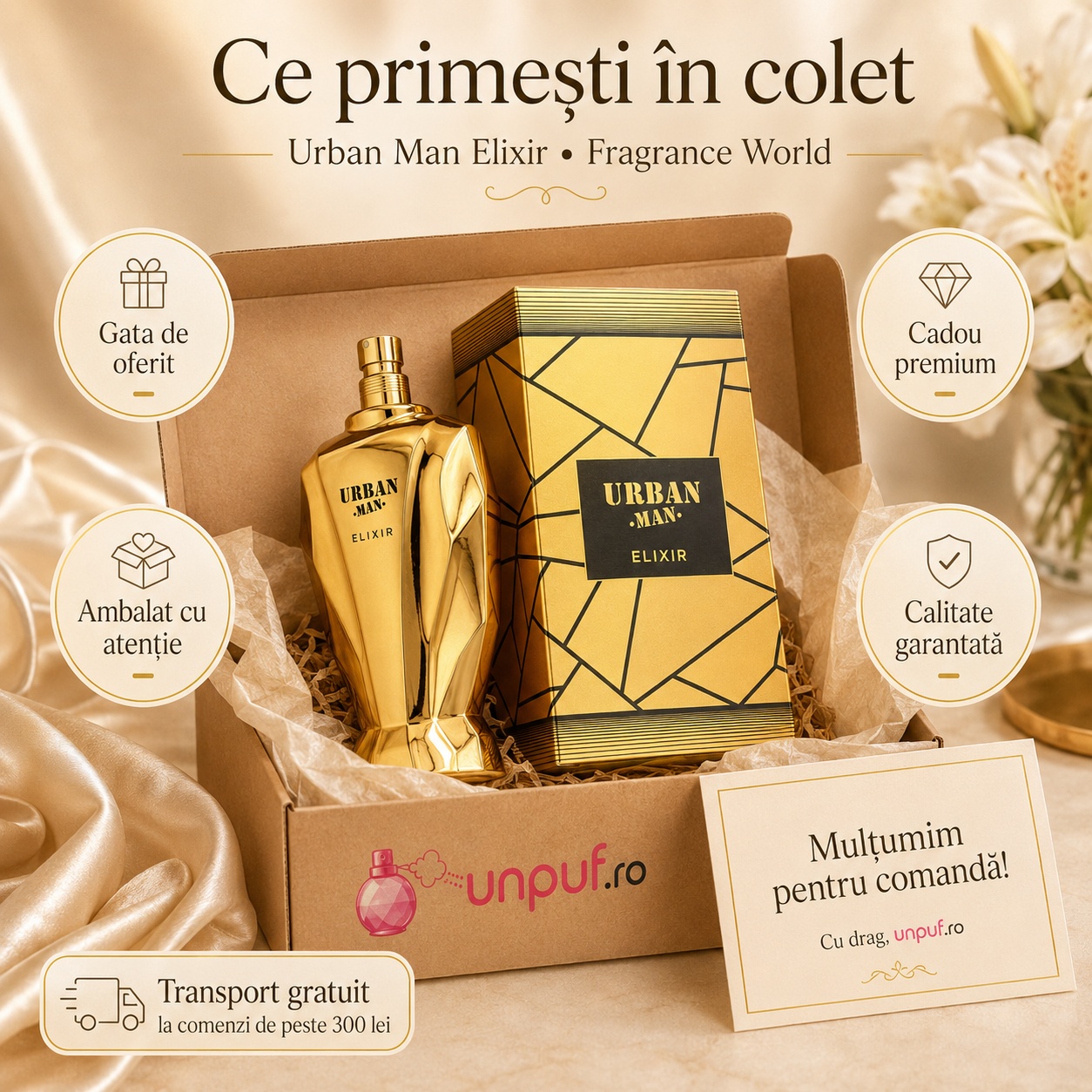 Ce primești &icirc;n colet Urban Man Elixir Fragrance World parfum 90 ml ambalat cu atenție și pregătit pentru cadou