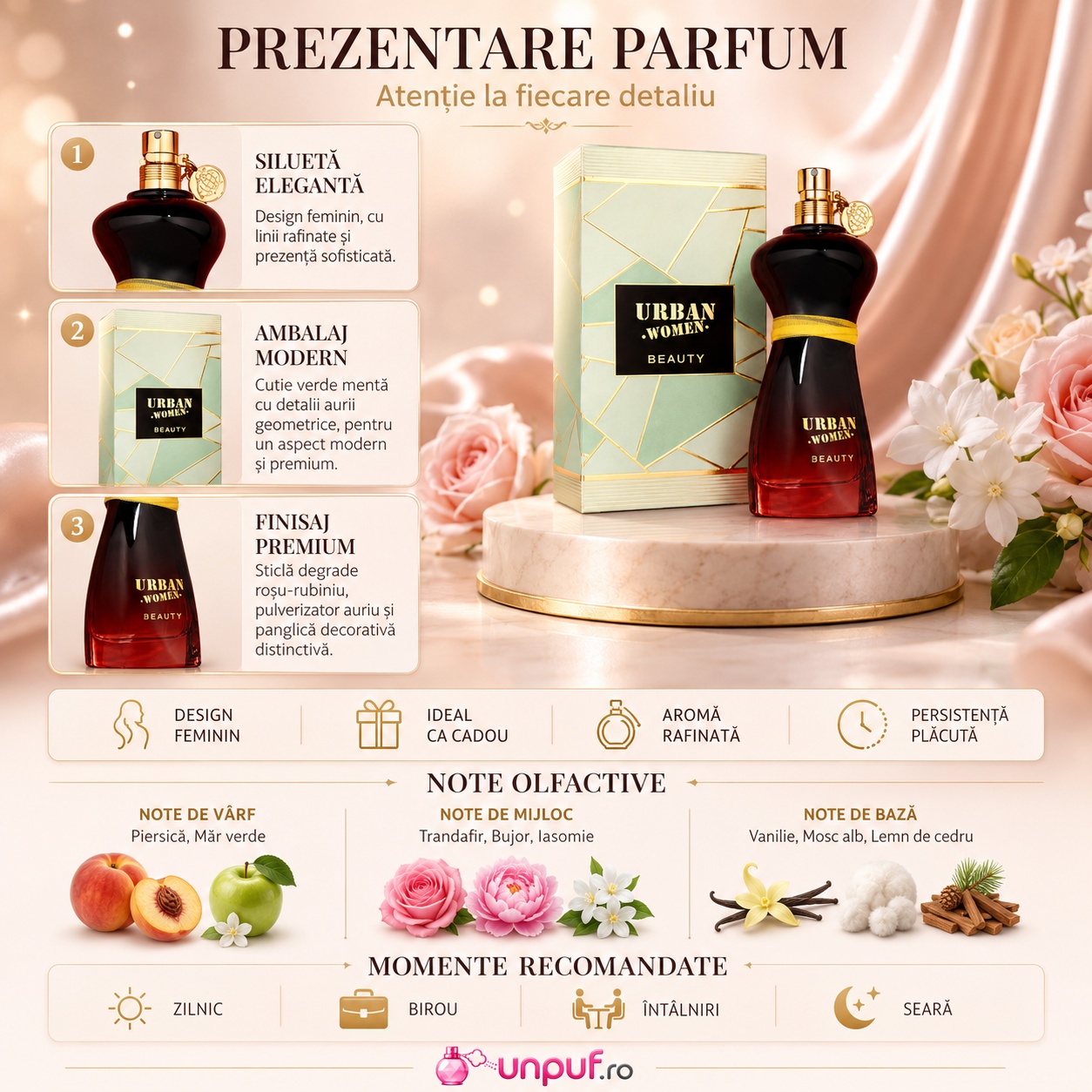 Prezentare parfum Urban Women Beauty Fragrance World cu note de piersică măr verde trandafir bujor iasomie vanilie mosc alb și lemn de cedru