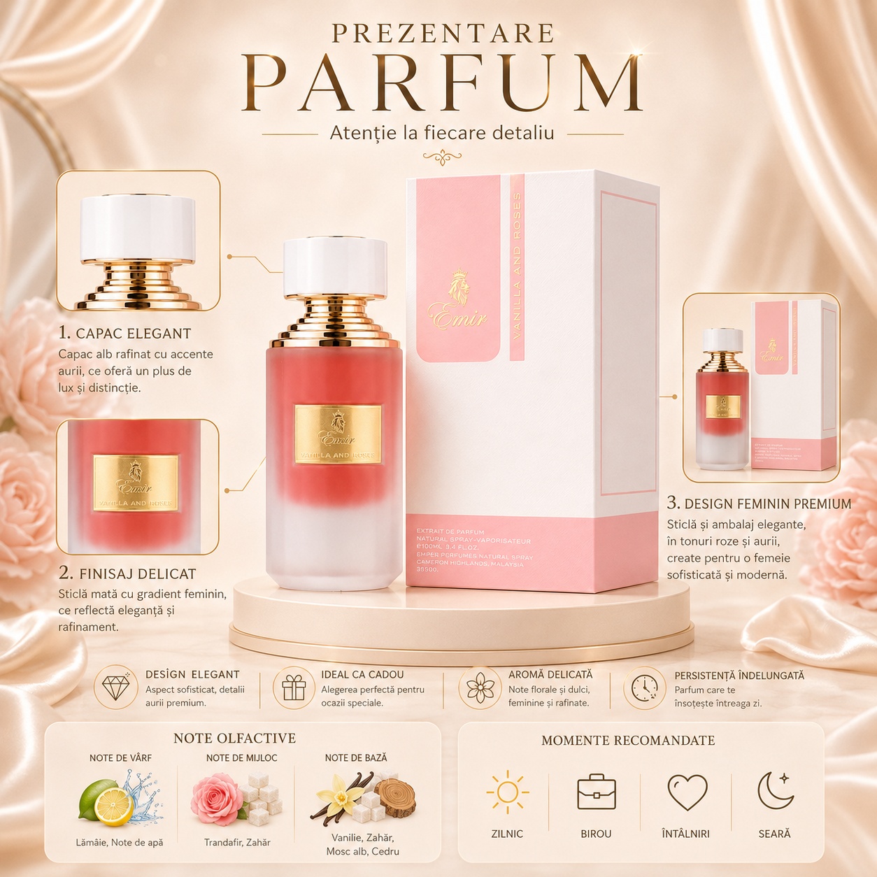 Prezentare parfum Vanilla And Roses Emir cu flacon roz, cutie premium, note olfactive și momente recomandate