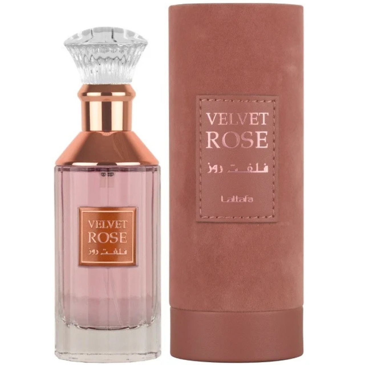 Velvet Rose Lattafa 100 ml sticlă și cutie produs pe fundal alb