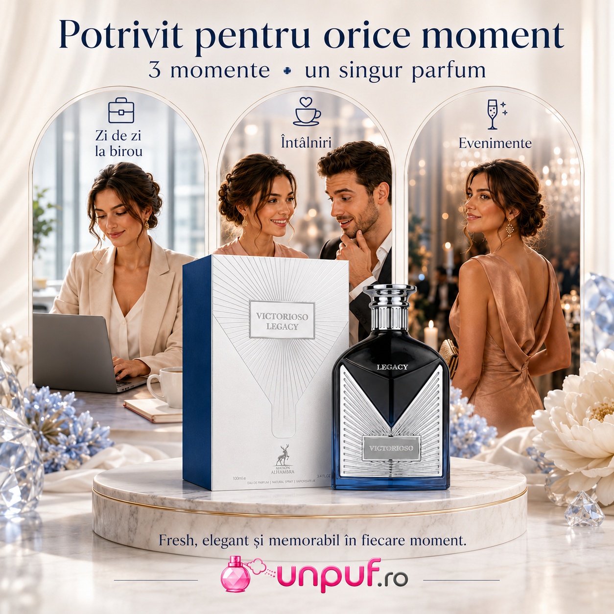 Parfum Victorioso Legacy Maison Alhambra potrivit pentru zi de zi la birou, &icirc;nt&acirc;lniri și evenimente elegante
