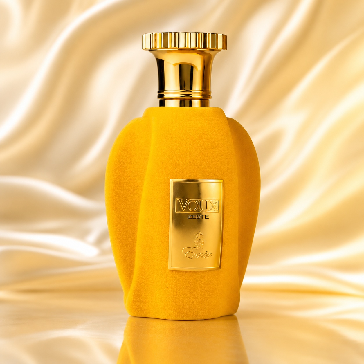 Sticlă parfum Voux Zeste Emir 100 ml galben mat cu capac auriu și etichetă elegantă