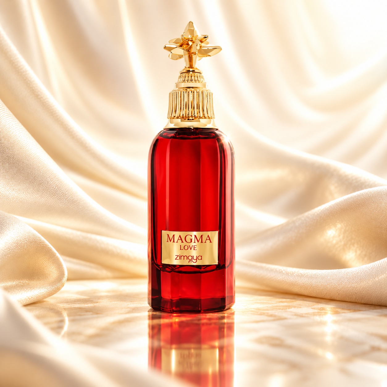 Sticlă Zimaya Magma Love 100 ml, parfum de damă roșu rubiniu cu capac artistic auriu