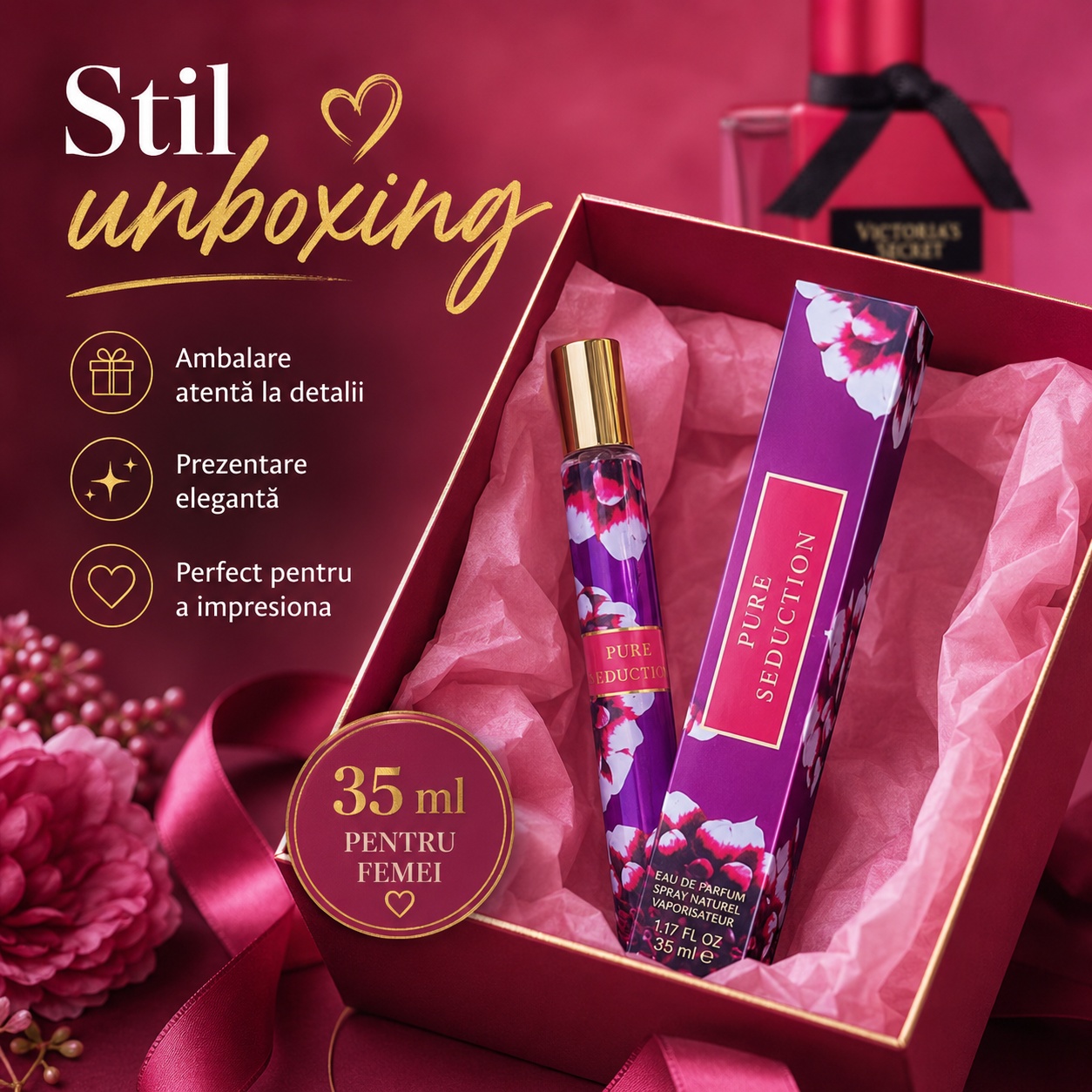 Stil unboxing Pure Seduction 35 ml ambalare atentă prezentare elegantă pentru femei