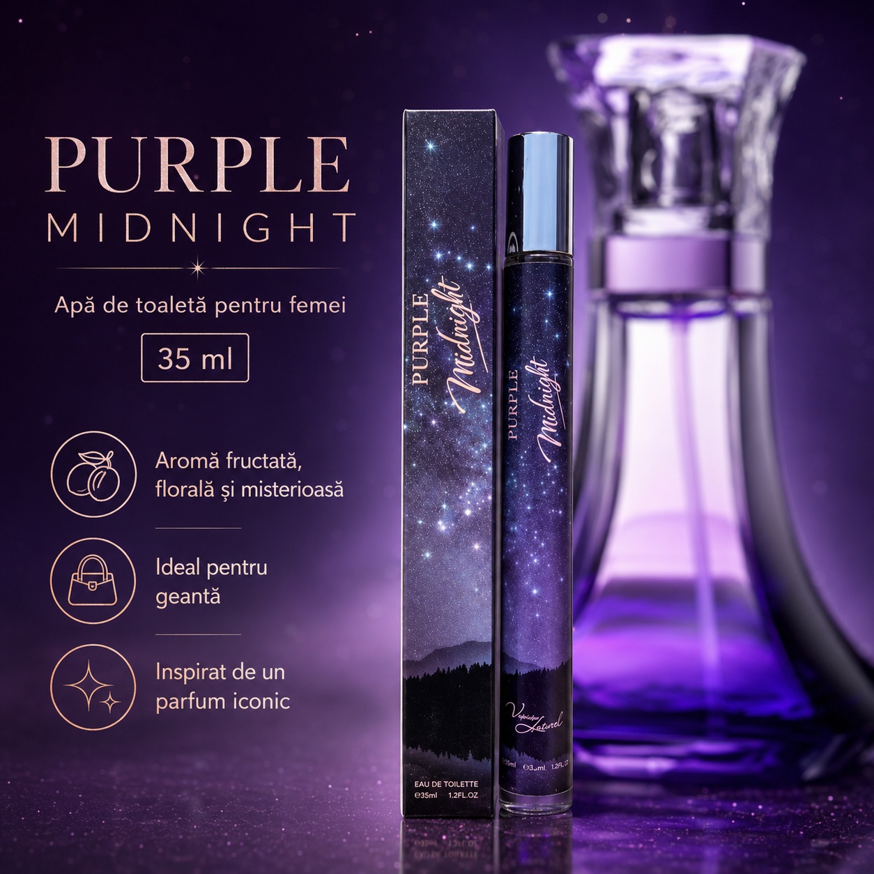 Purple Midnight 35 ml aromă fructată florală și misterioasă, ideal pentru geantă