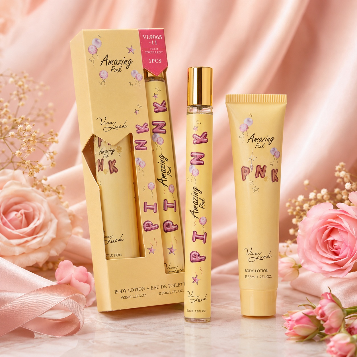 Set Amazing Pink 2x35 ml idee de cadou pentru ea, parfum 35 ml și body lotion 35 ml