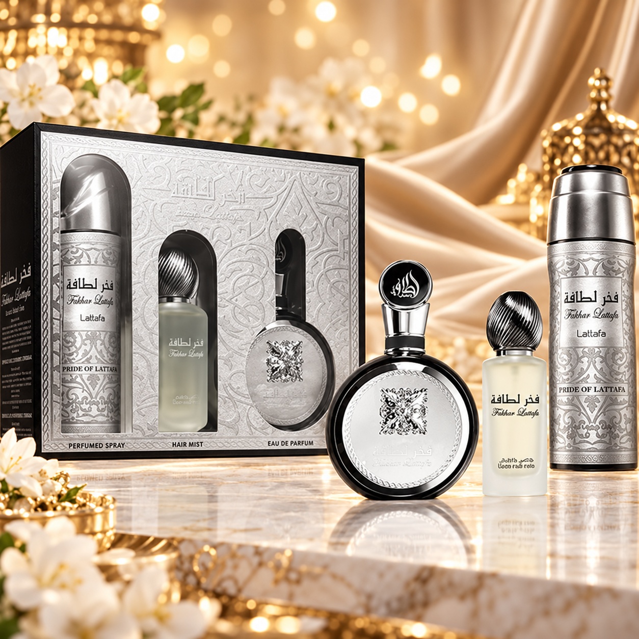 Lattafa Fakhar Man set cadou cu parfum 100 ml, spray parfumat pentru corp si odorizant de camera, prezentare eleganta
