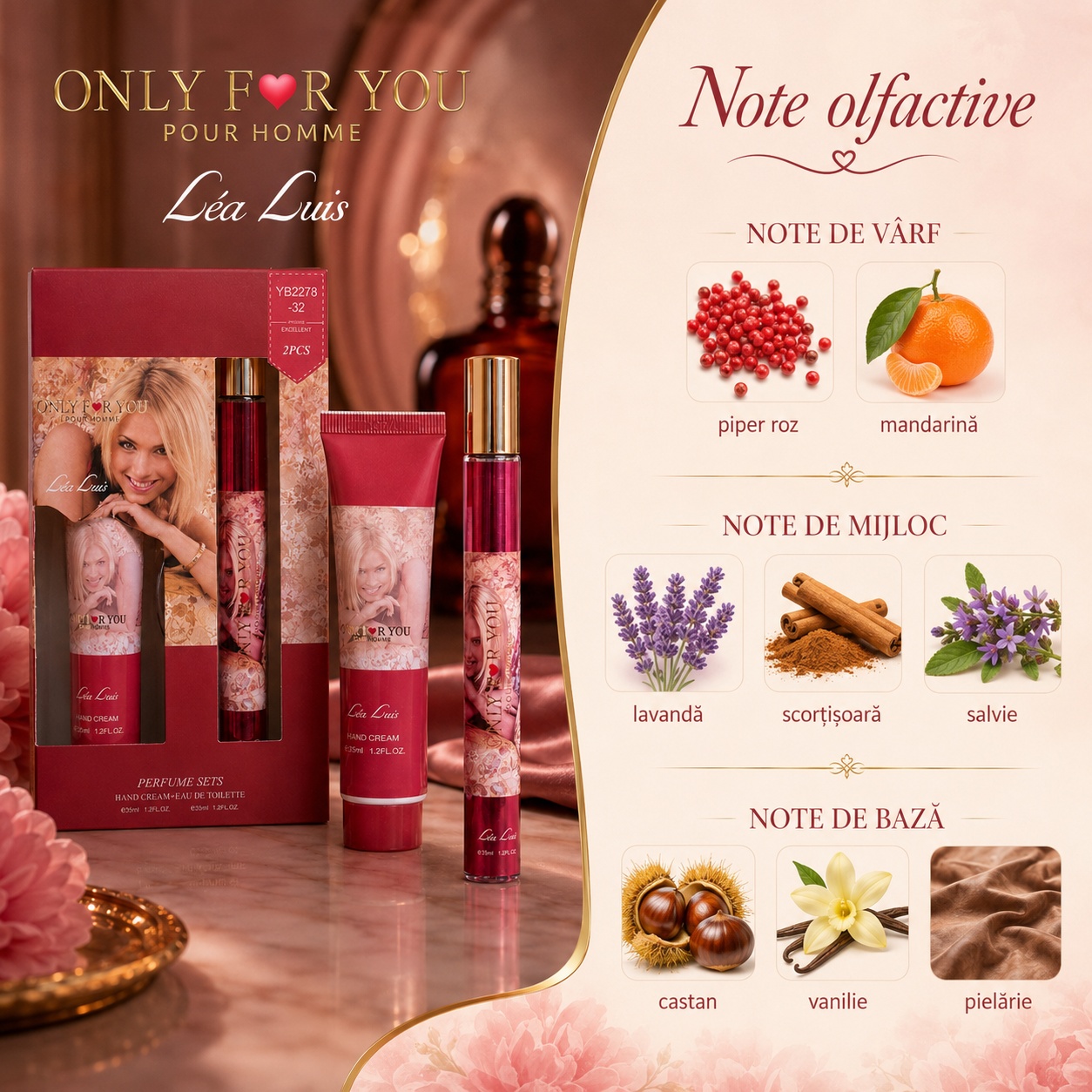 Note olfactive Only For You piper roz mandarină lavandă scorțișoară salvie castan vanilie pielărie