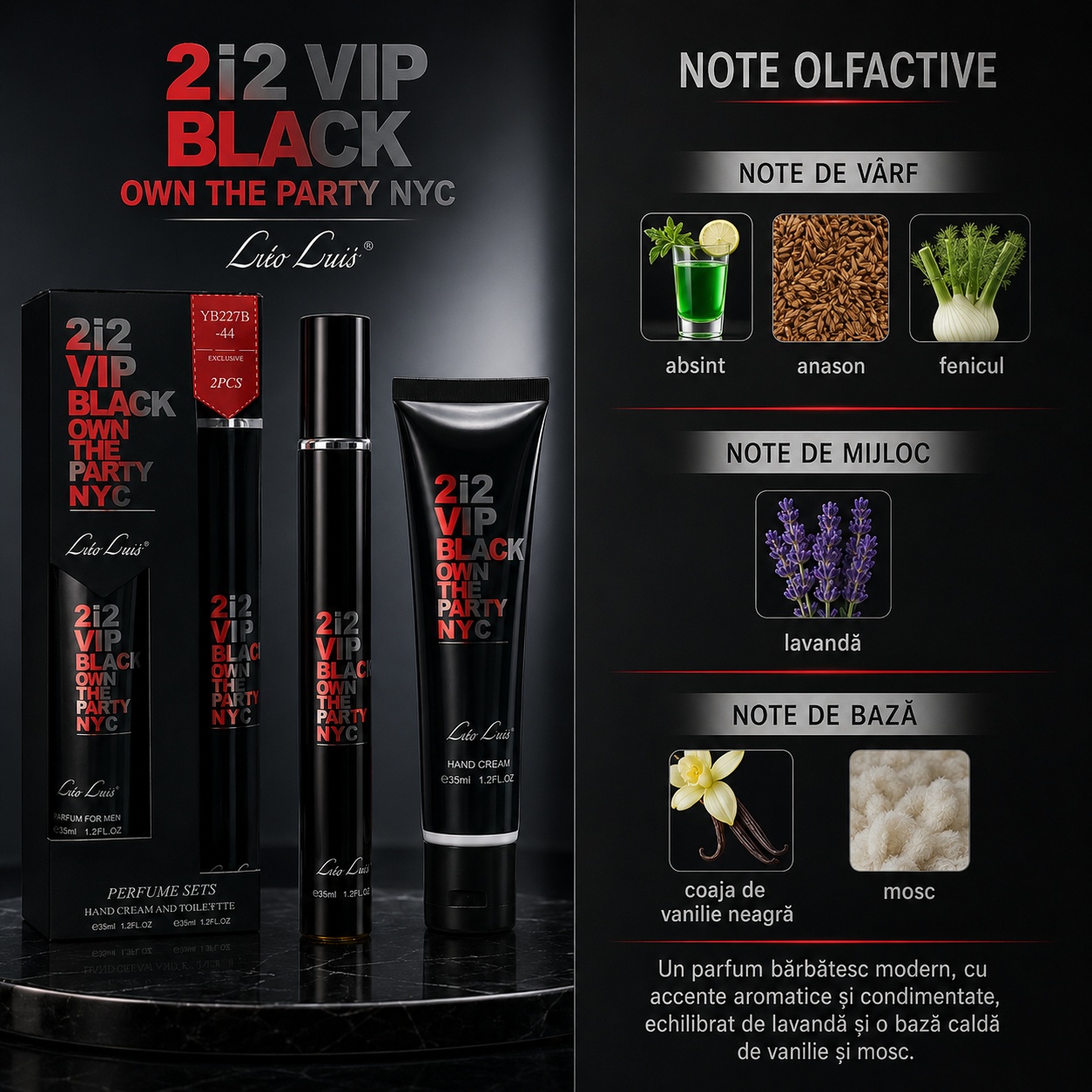 Note olfactive 212 VIP Black Own The Party absint anason fenicul lavandă coajă de vanilie neagră și mosc