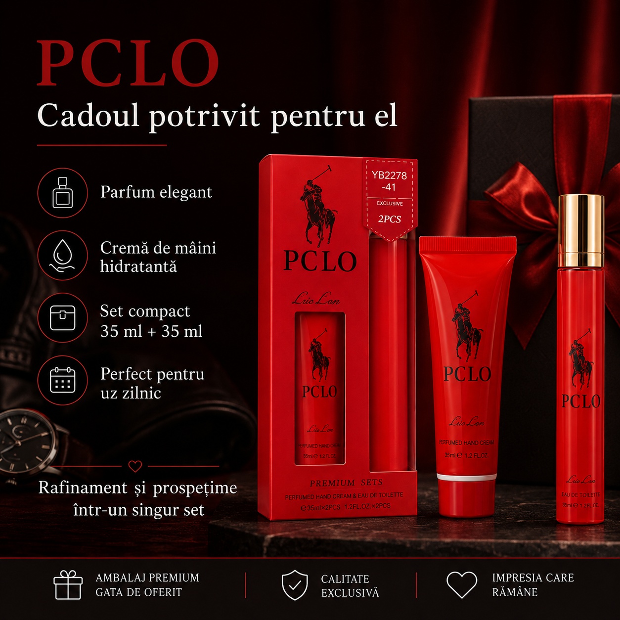 Set PCLO cadoul potrivit pentru el, parfum elegant și cremă de m&acirc;ini hidratantă 35 ml plus 35 ml