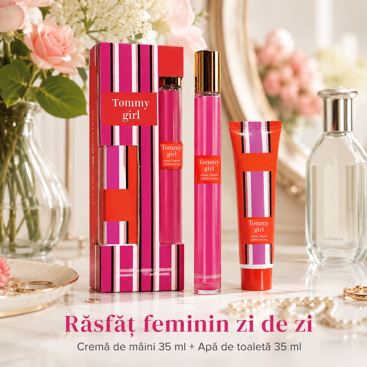 Tonny Girl set damă, cremă de m&acirc;ini 35 ml și apă de toaletă 35 ml, răsfăț feminin zi de zi