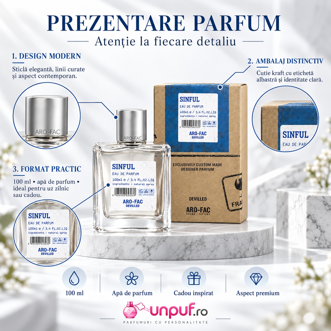 Prezentare Sinful Aro-Fac parfum bărbătesc 100 ml cu flacon și cutie premium