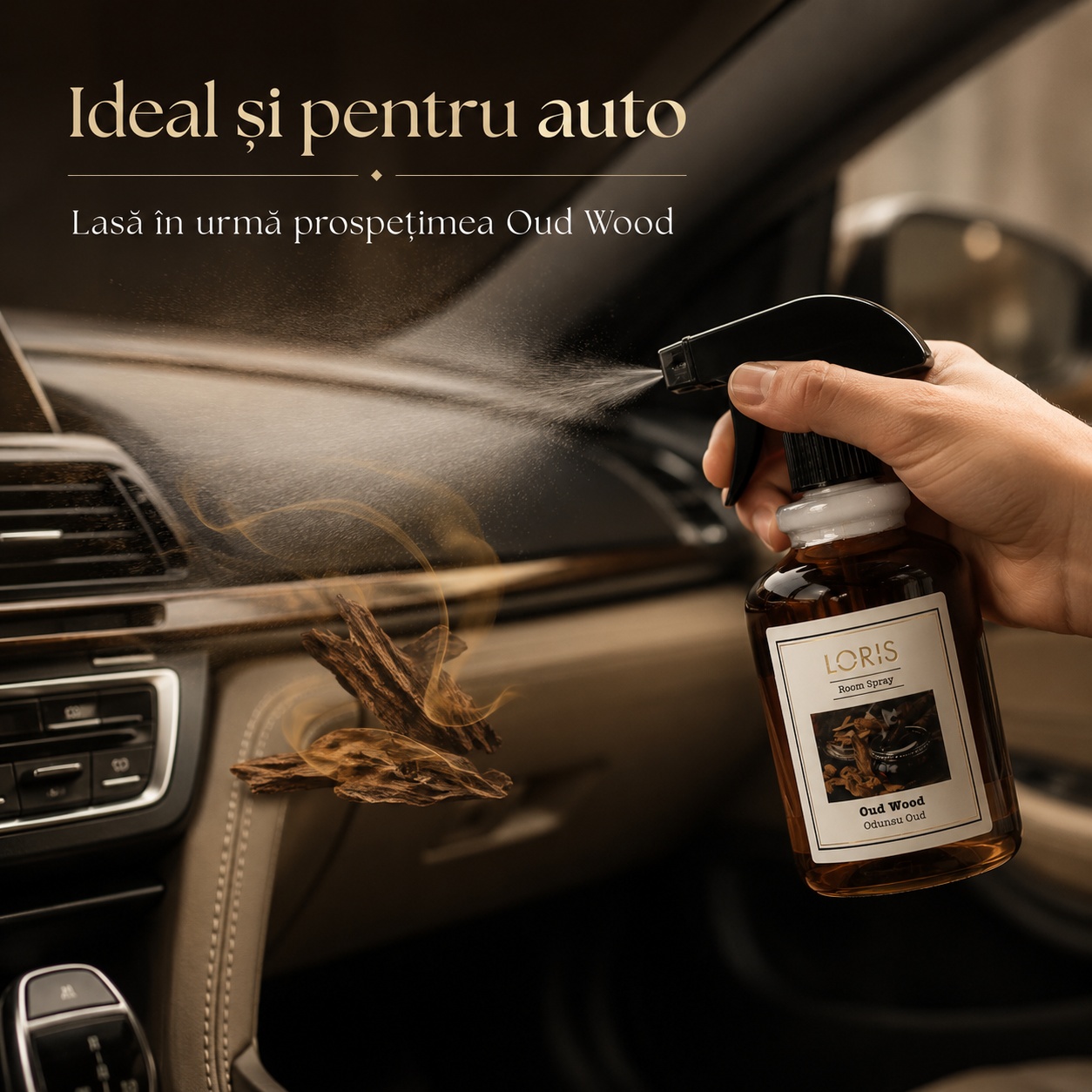 Spray Odorizant Loris Pafum Oud Wood ideal și pentru auto prospețime lemnoasă &icirc;n mașină