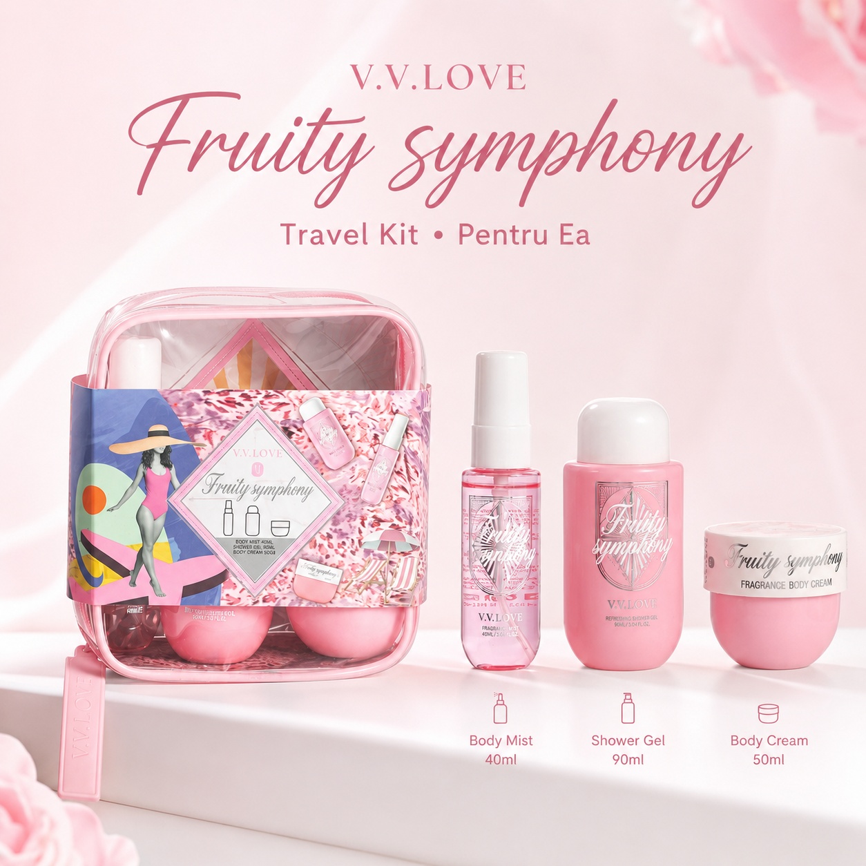 Travel Kit V.V. Love Family Symphony cu Body Mist 40 ml Shower Gel 90 ml și Body Cream 50 ml