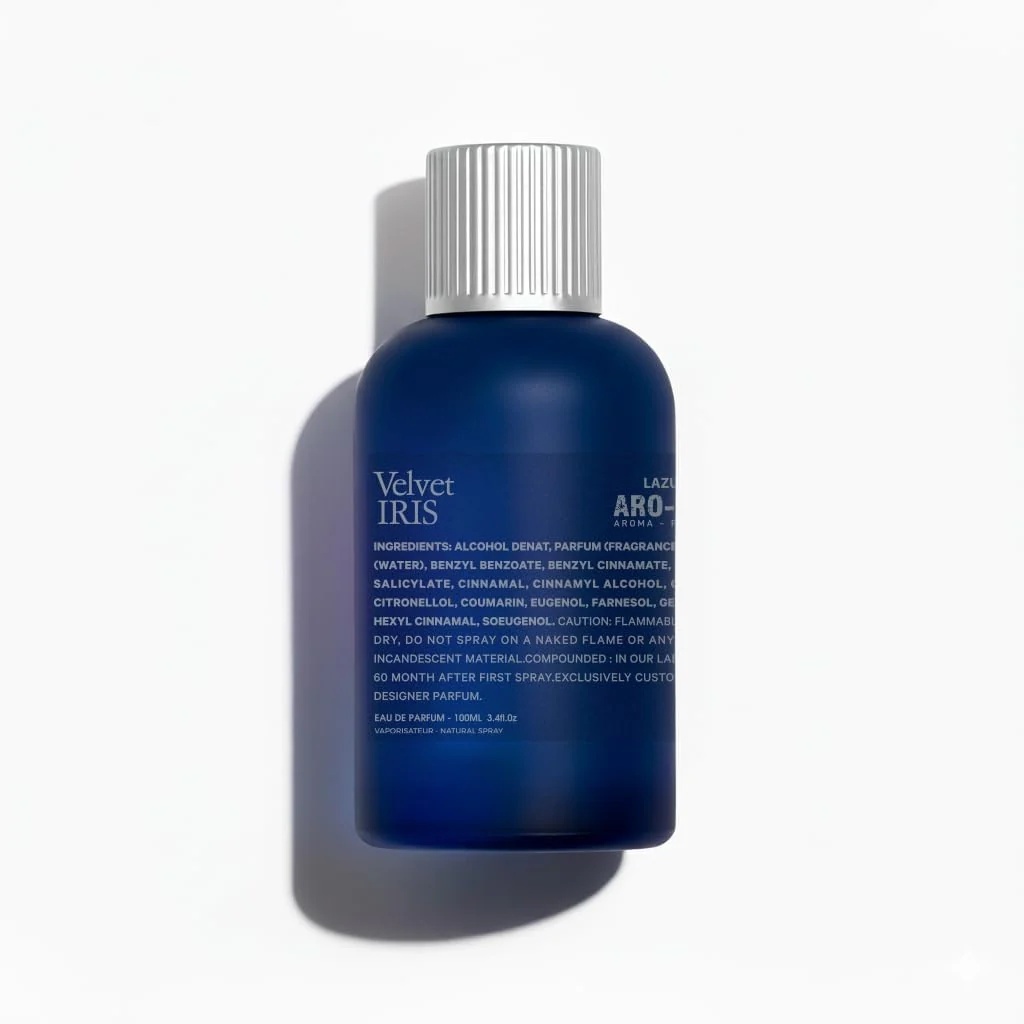 Flacon Velvet Iris Aro-Fac Lazuli parfum arabesc de damă 100 ml pe fundal alb