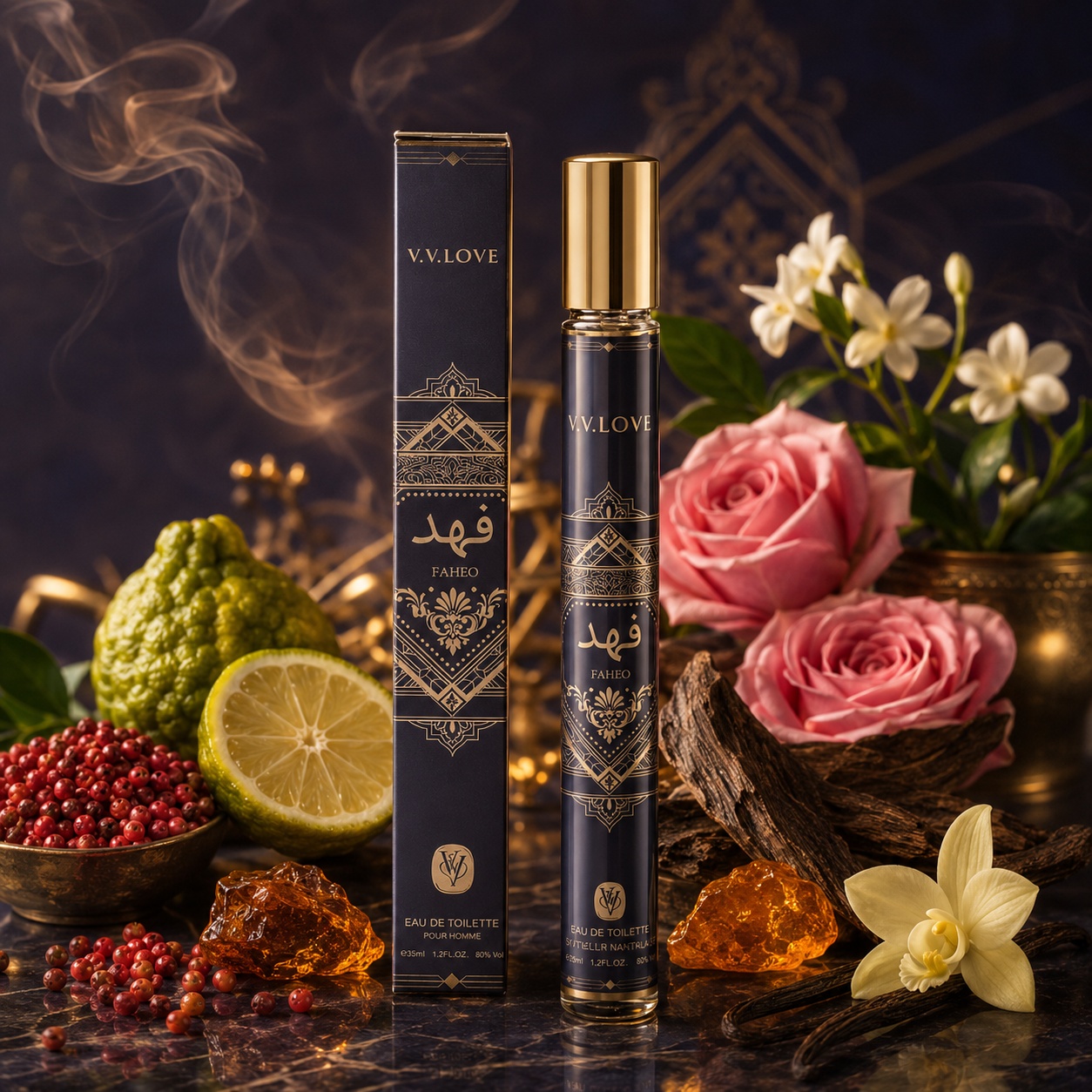 Faheo V.V. Love parfum unisex arabesc cu piper roz bergamotă trandafir iasomie oud ambră și vanilie