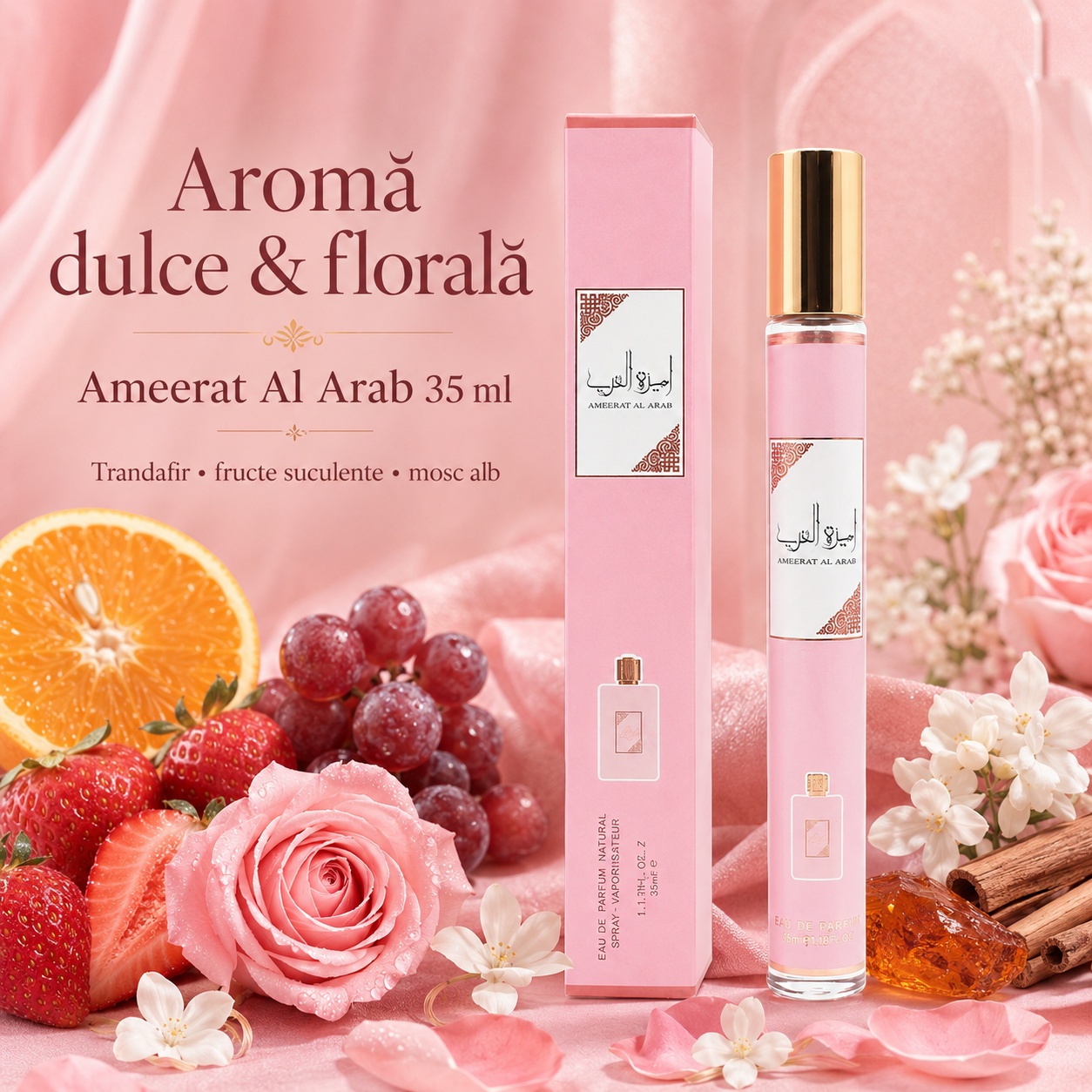 Ameerat Al Arab 35 ml aromă dulce și florală cu trandafir, fructe suculente și mosc alb