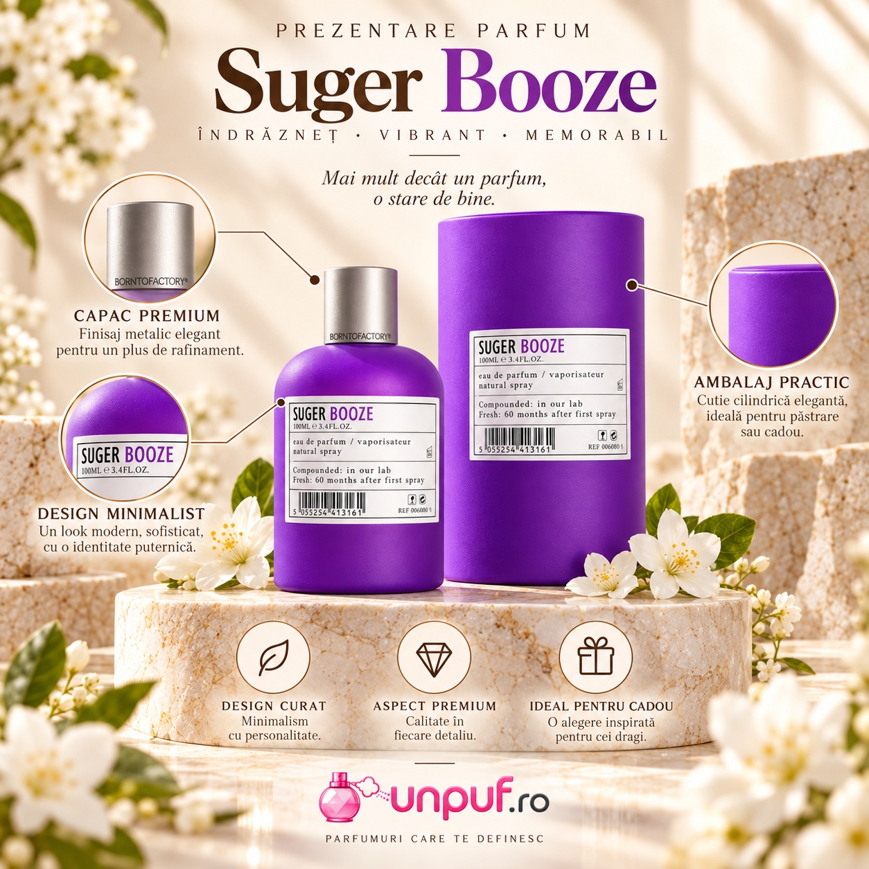 Prezentare Aro-Fac Booze Suger parfum unisex cu flacon mov cutie cilindrică și detalii premium