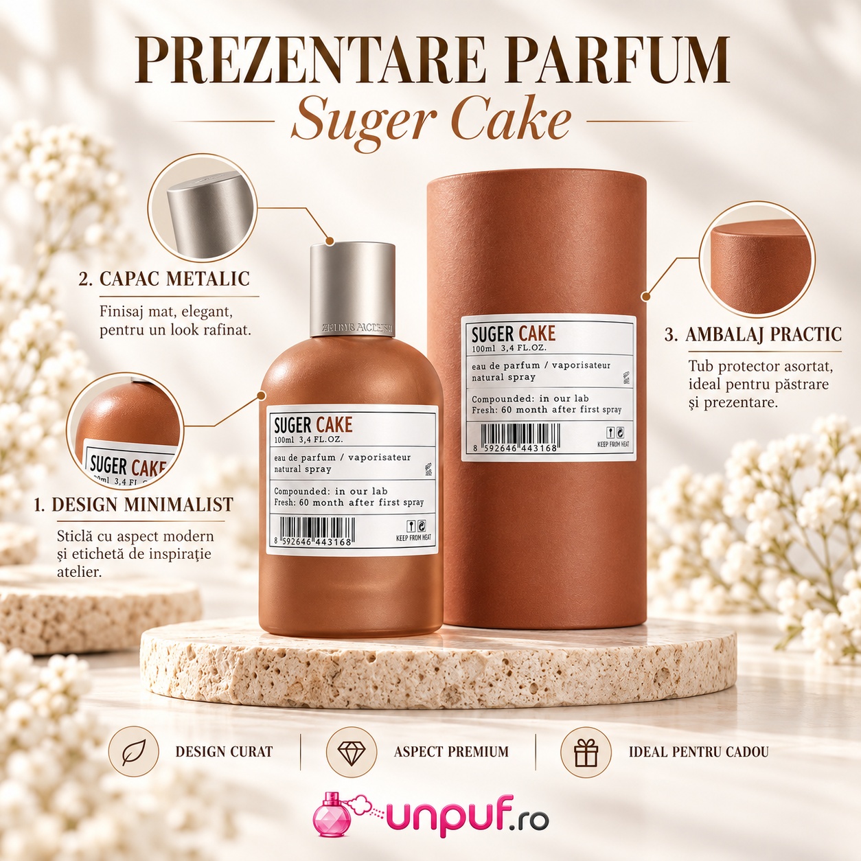 Prezentare Aro-Fac Cake Suger parfum unisex cu flacon caramel capac metalic și cutie cilindrică