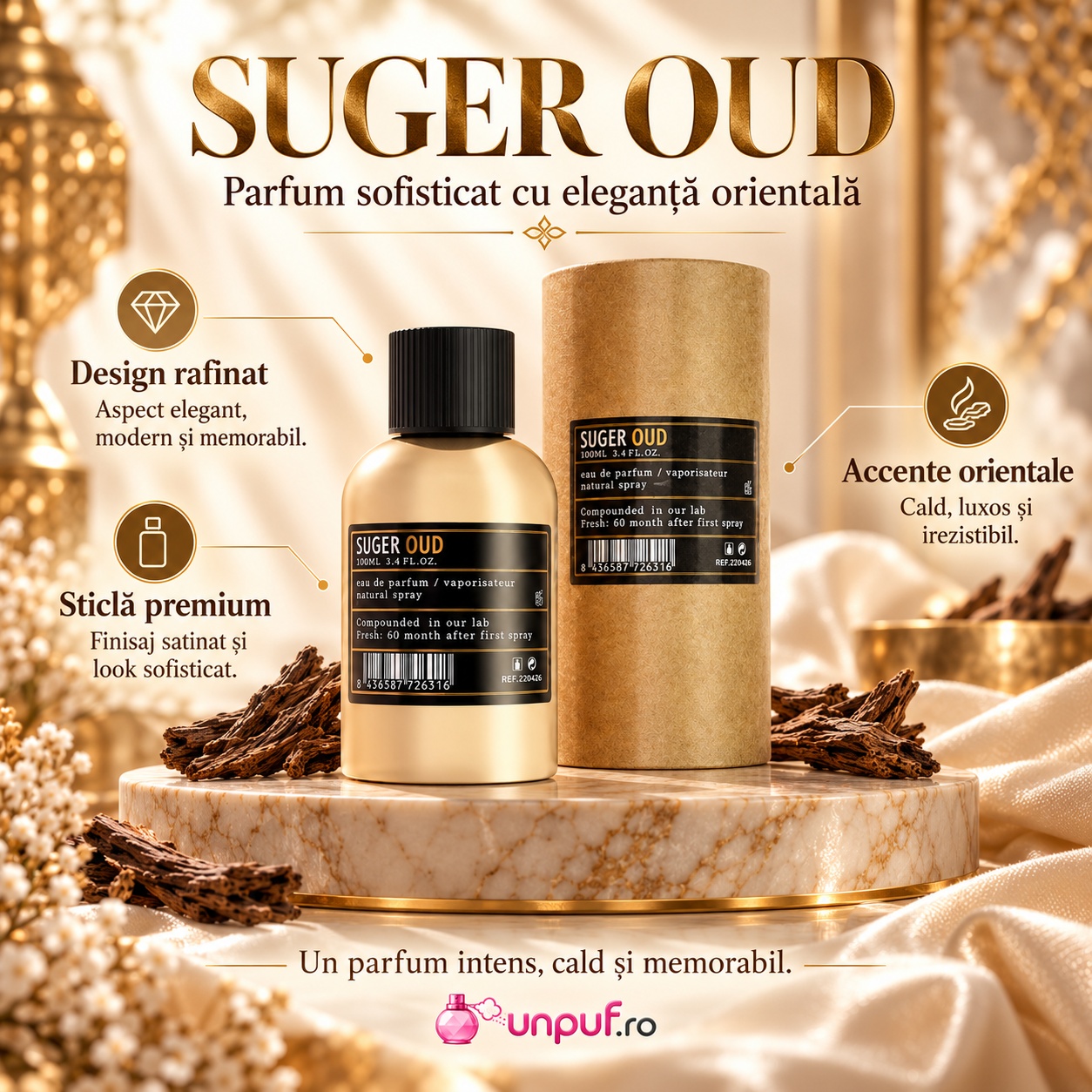 Prezentare Aro-Fac Oud Suger parfum unisex sofisticat cu eleganță orientală și accente calde
