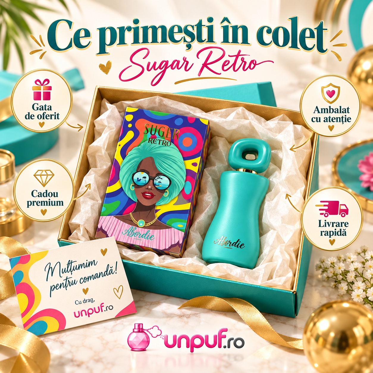 Ce primești în colet Birdie Suger Retro Aro-Fac Eau de Parfum 100 ml ambalat premium pentru cadou