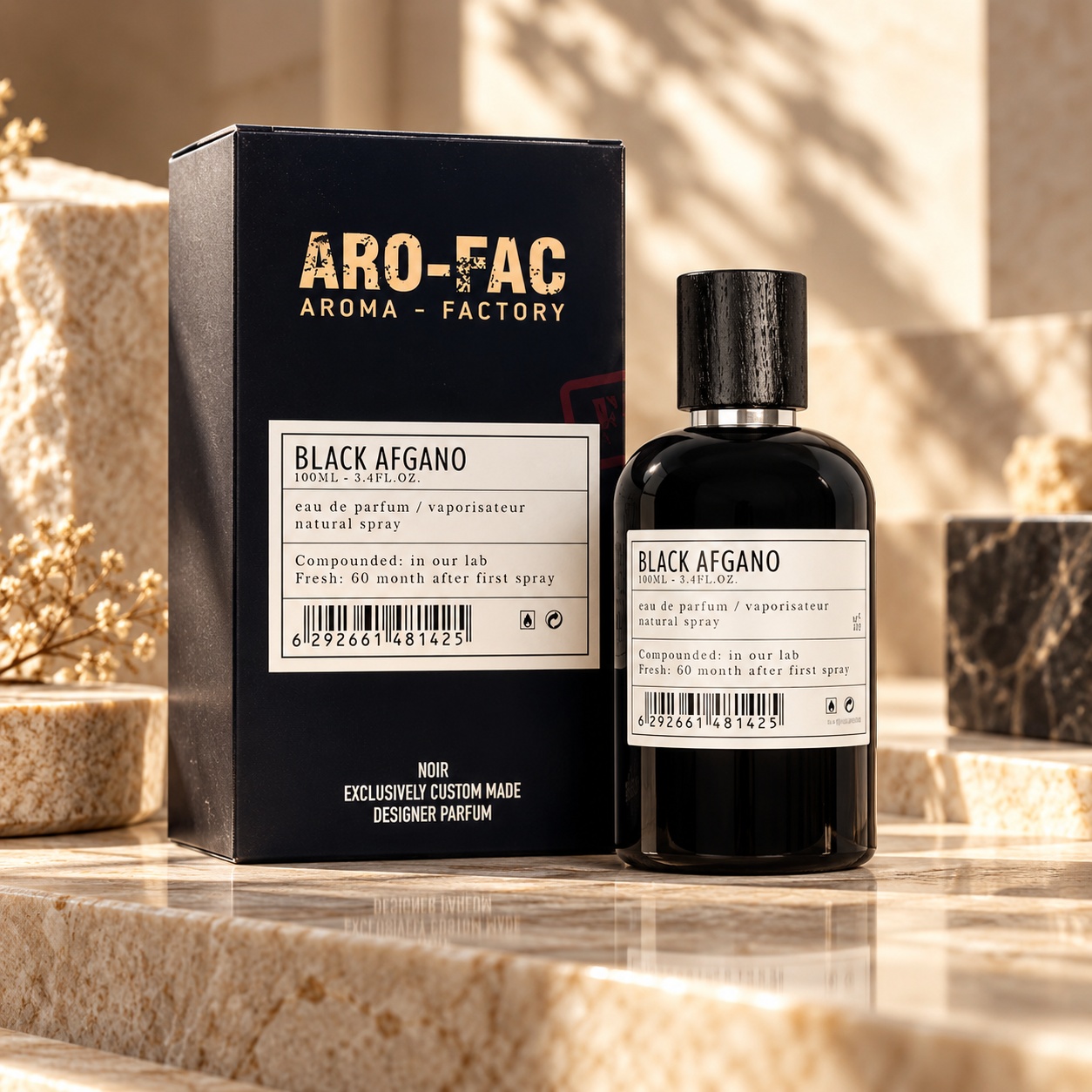 Black Afgano Aro-Fac Eau de Parfum 100 ml parfum unisex cu flacon negru și cutie premium