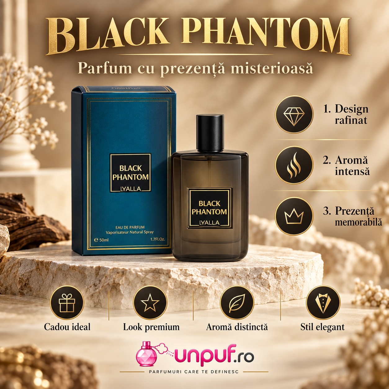 Black Phantom Yalla parfum cu prezență misterioasă flacon și cutie premium pentru cadou elegant