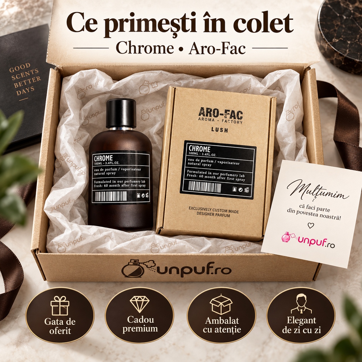Ce primești în colet Chrome Aro-Fac Eau de Parfum 100 ml ambalat premium pentru cadou