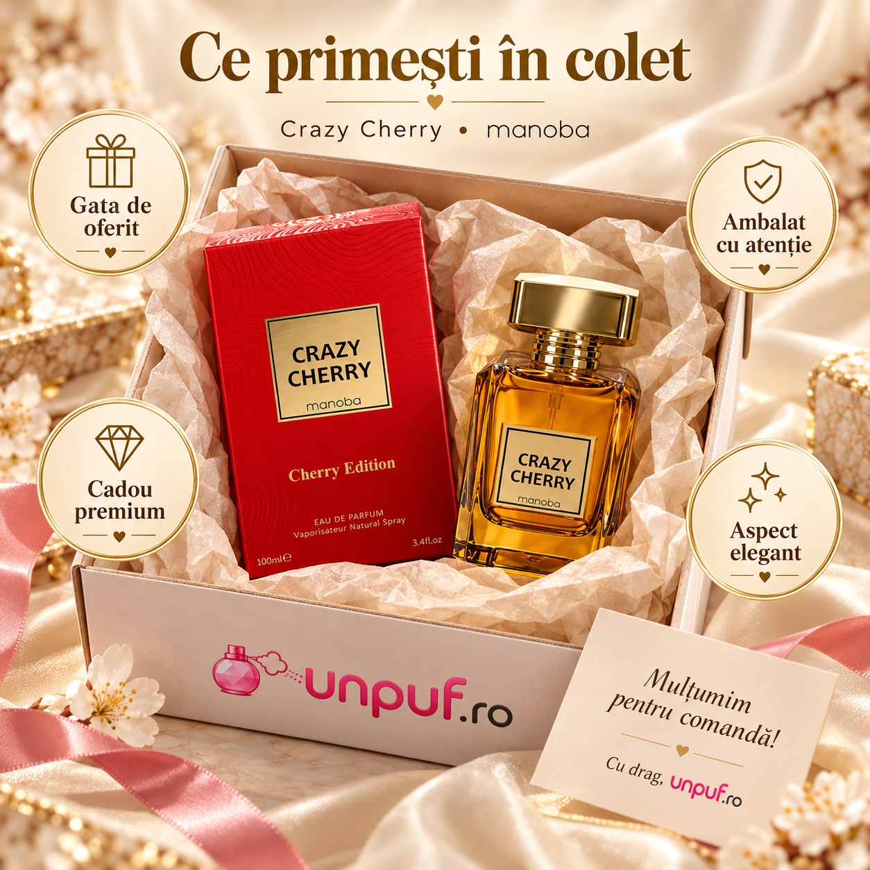 Ce primești în colet Crazy Cherry Marhaba Eau de Parfum 100 ml ambalat premium pentru cadou