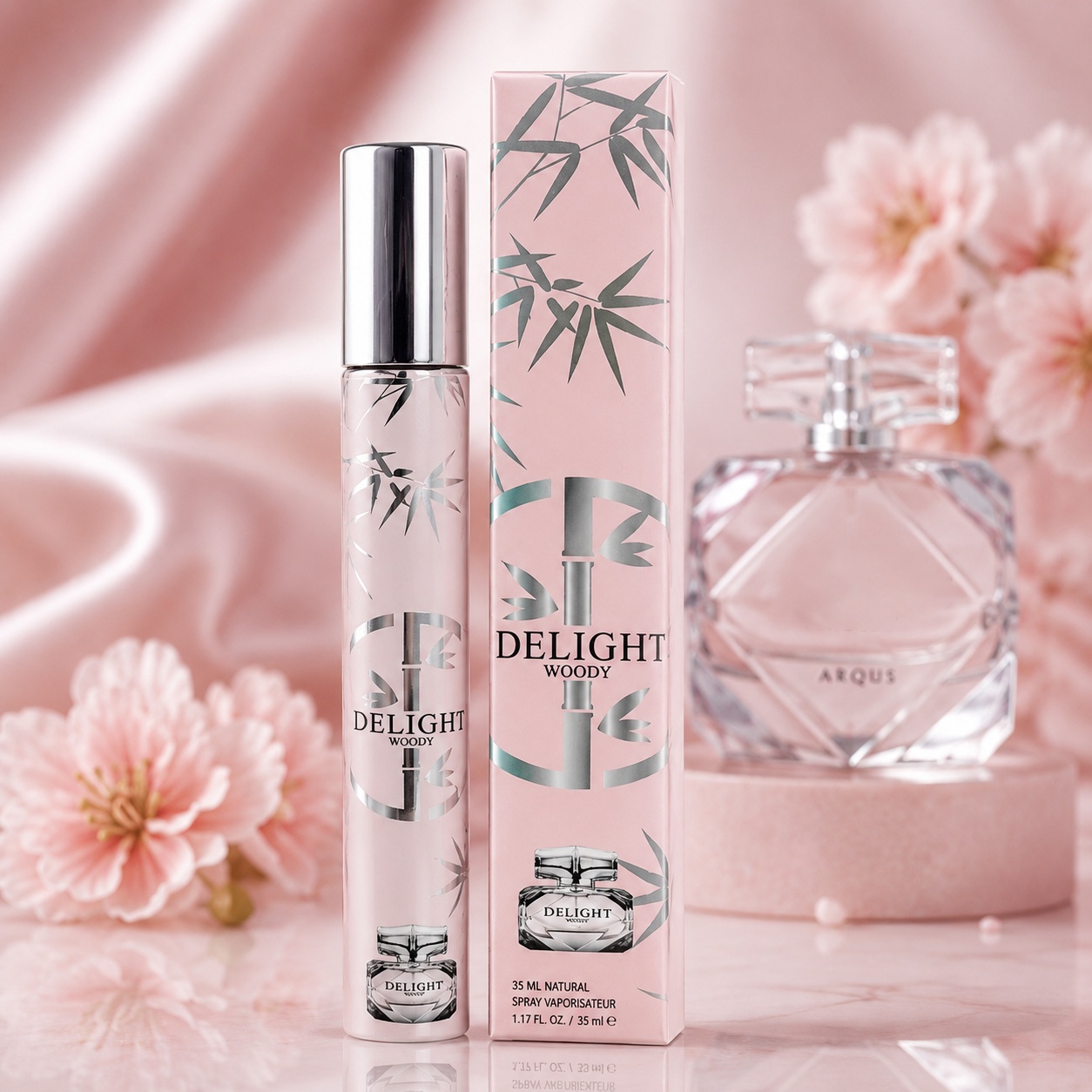 Parfum Delight Woody 35 ml damă cu ambalaj roz elegant și design feminin