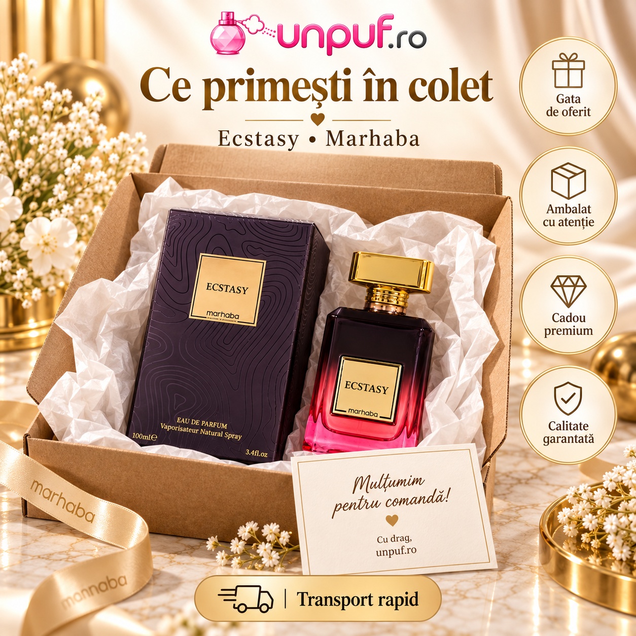 Ce primești în colet Ecstasy Marhaba Eau de Parfum 100 ml parfum unisex ambalat premium pentru cadou